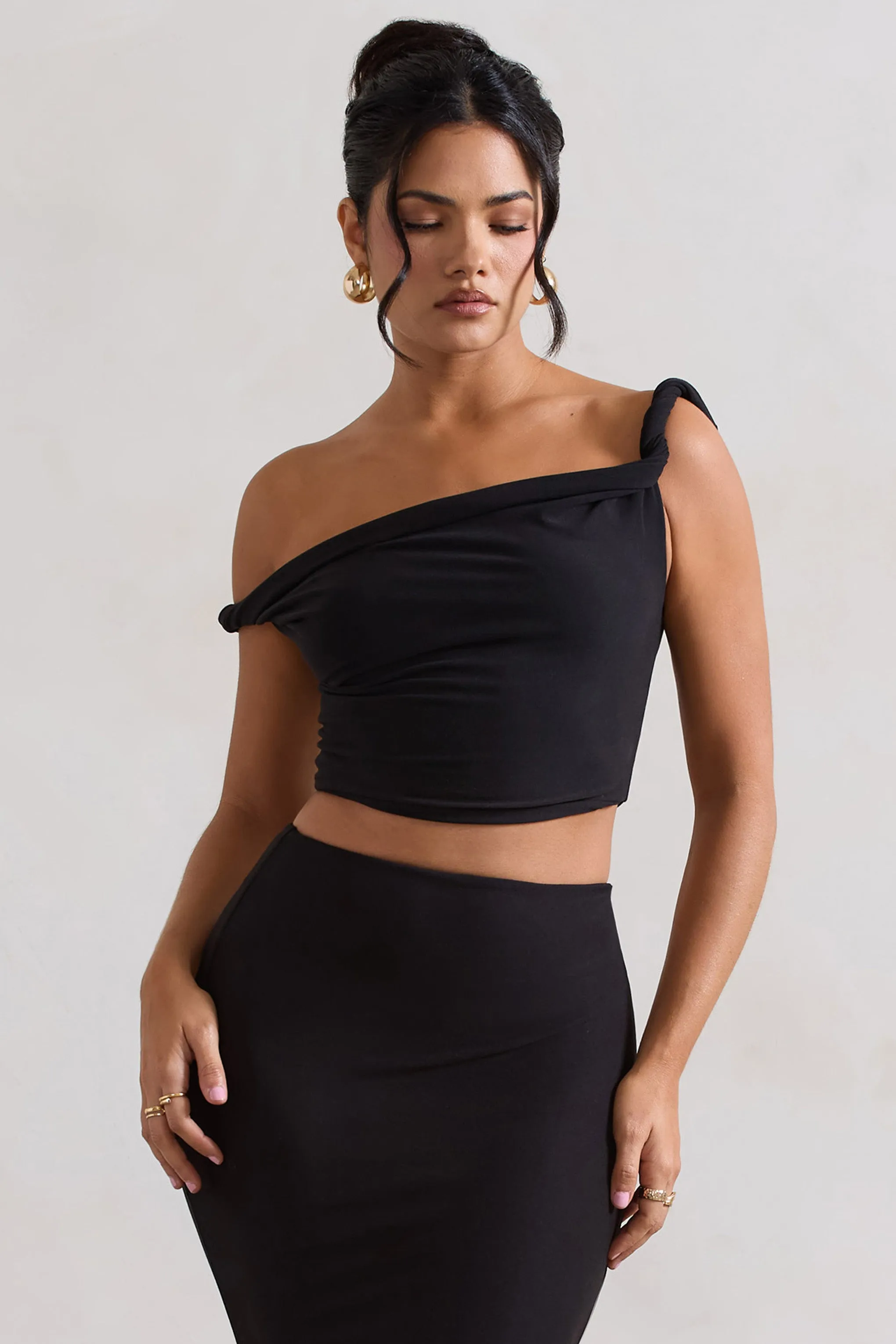 Sami | Black Twisted Asymmetric Crop Top Club L London
