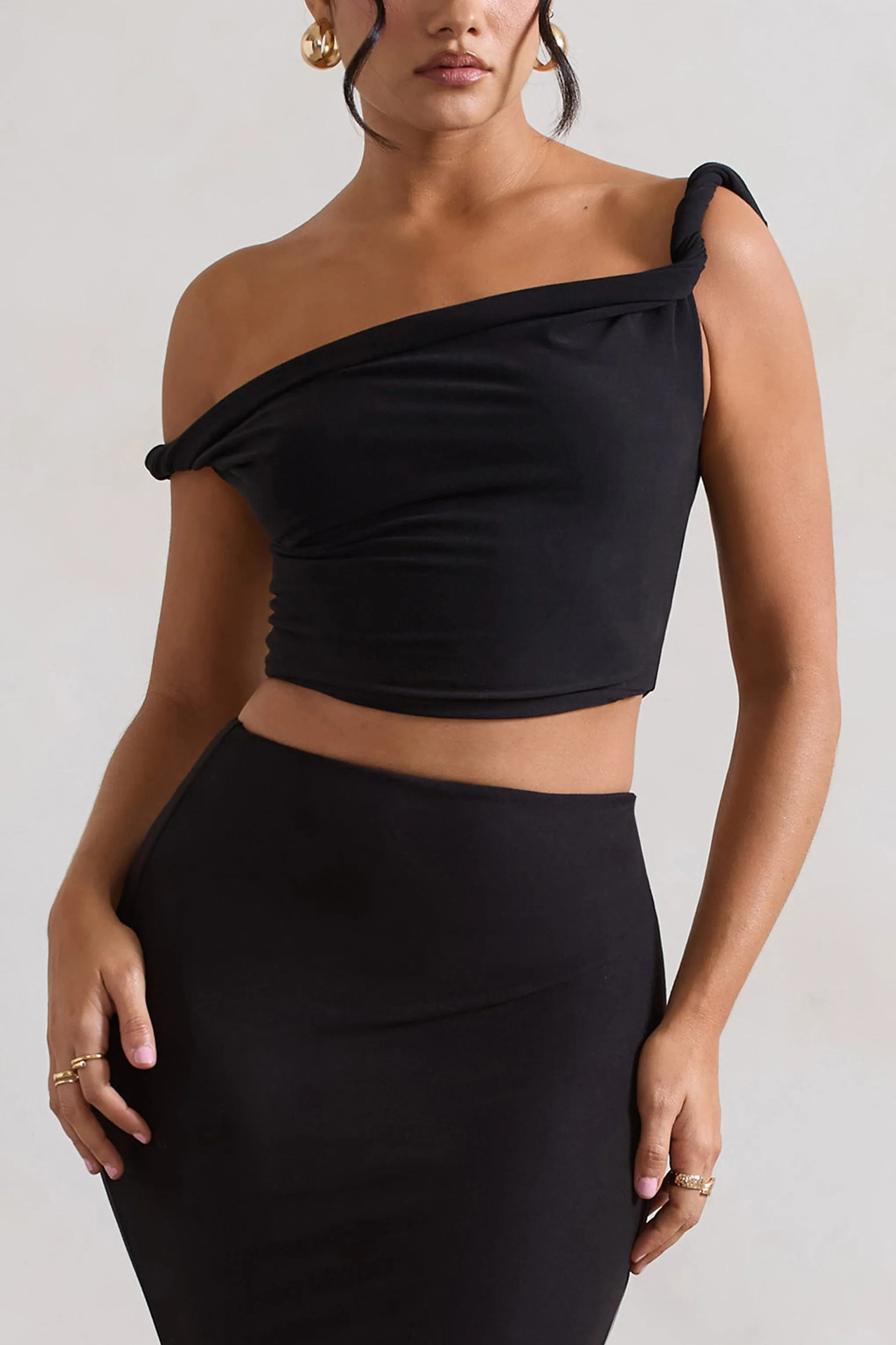 Sami | Black Twisted Asymmetric Crop Top Club L London