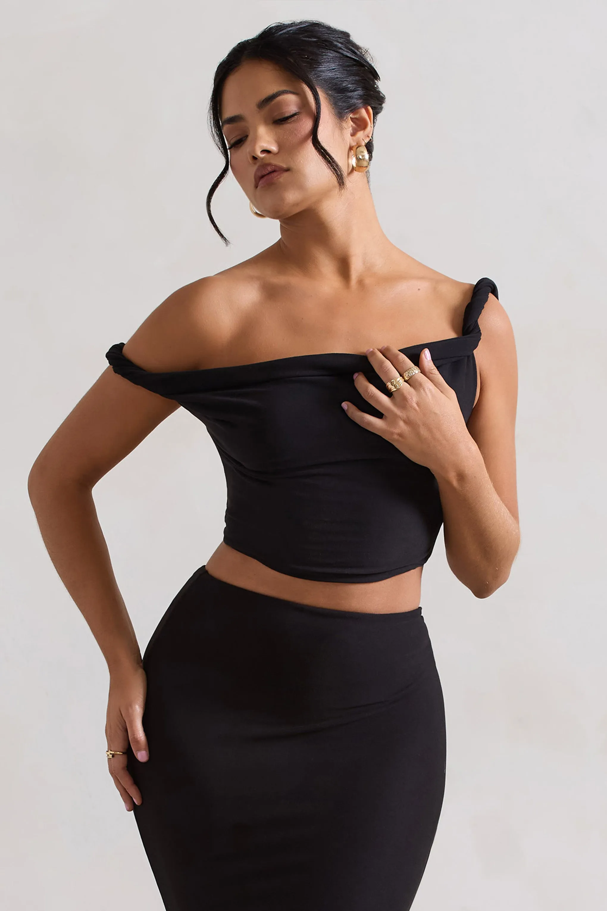 Sami | Black Twisted Asymmetric Crop Top Club L London