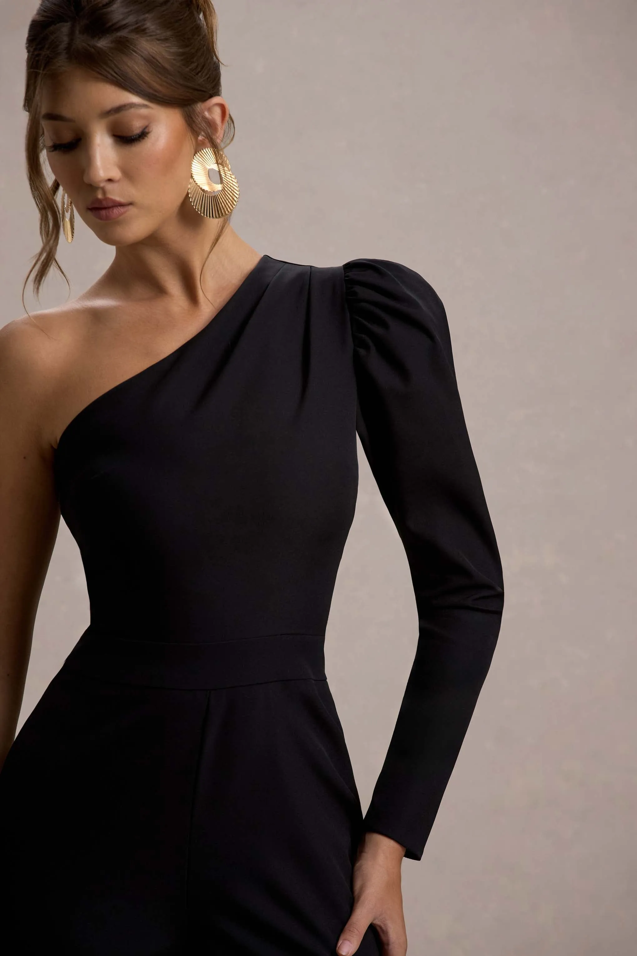 San Jose | Black One-Shoulder Puff-Sleeve Jumpsuit Club L London