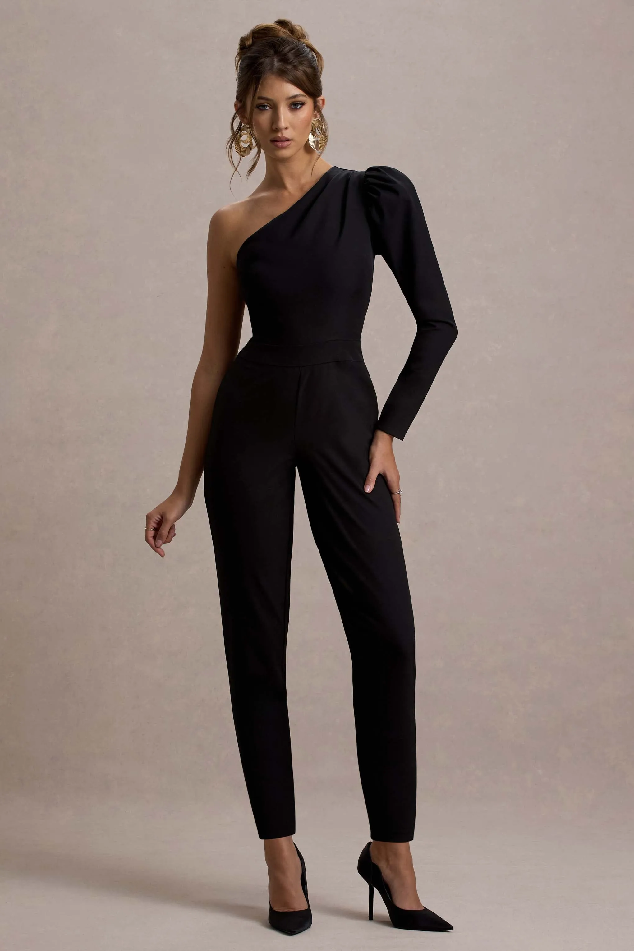 San Jose | Black One-Shoulder Puff-Sleeve Jumpsuit Club L London