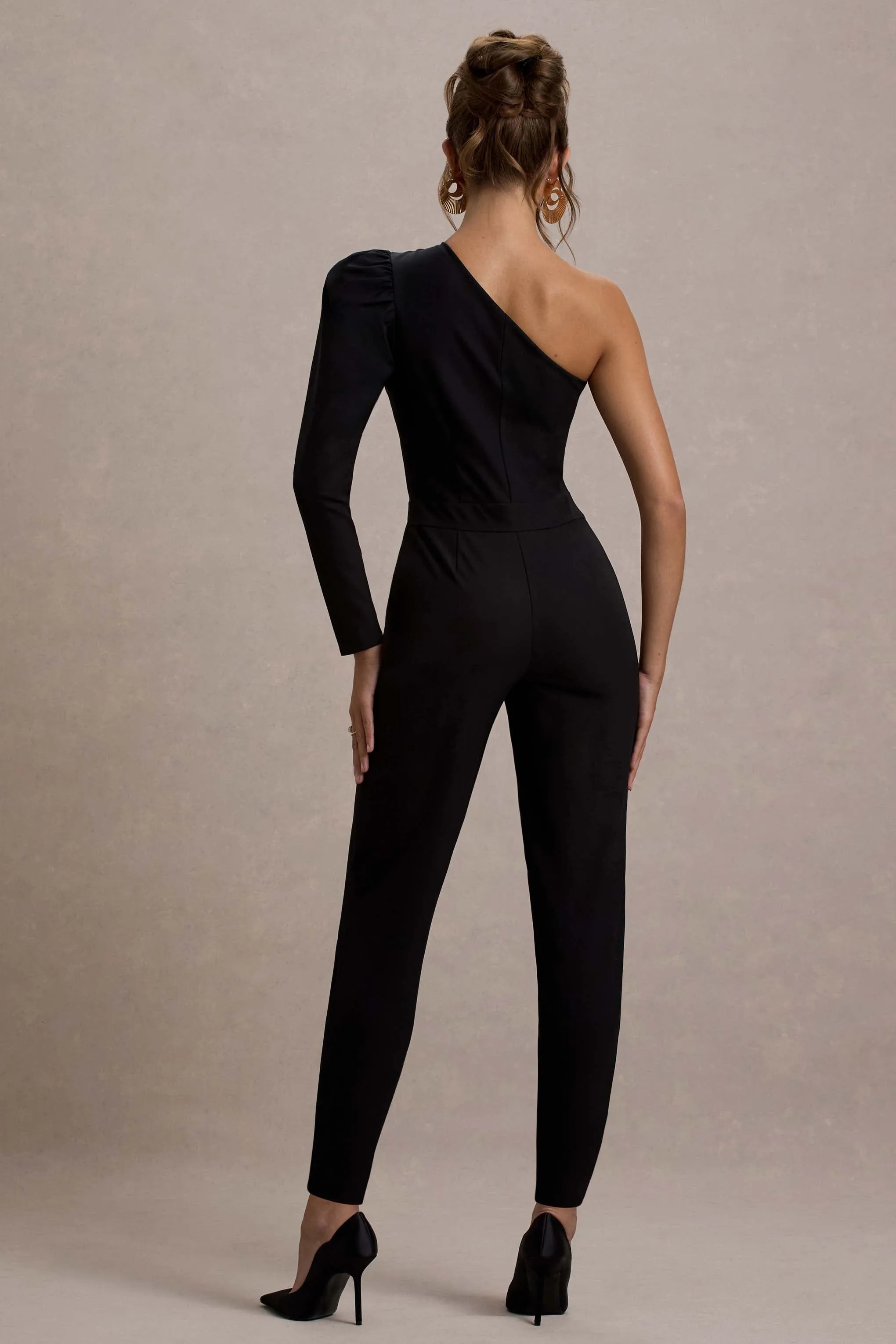 San Jose | Black One-Shoulder Puff-Sleeve Jumpsuit Club L London
