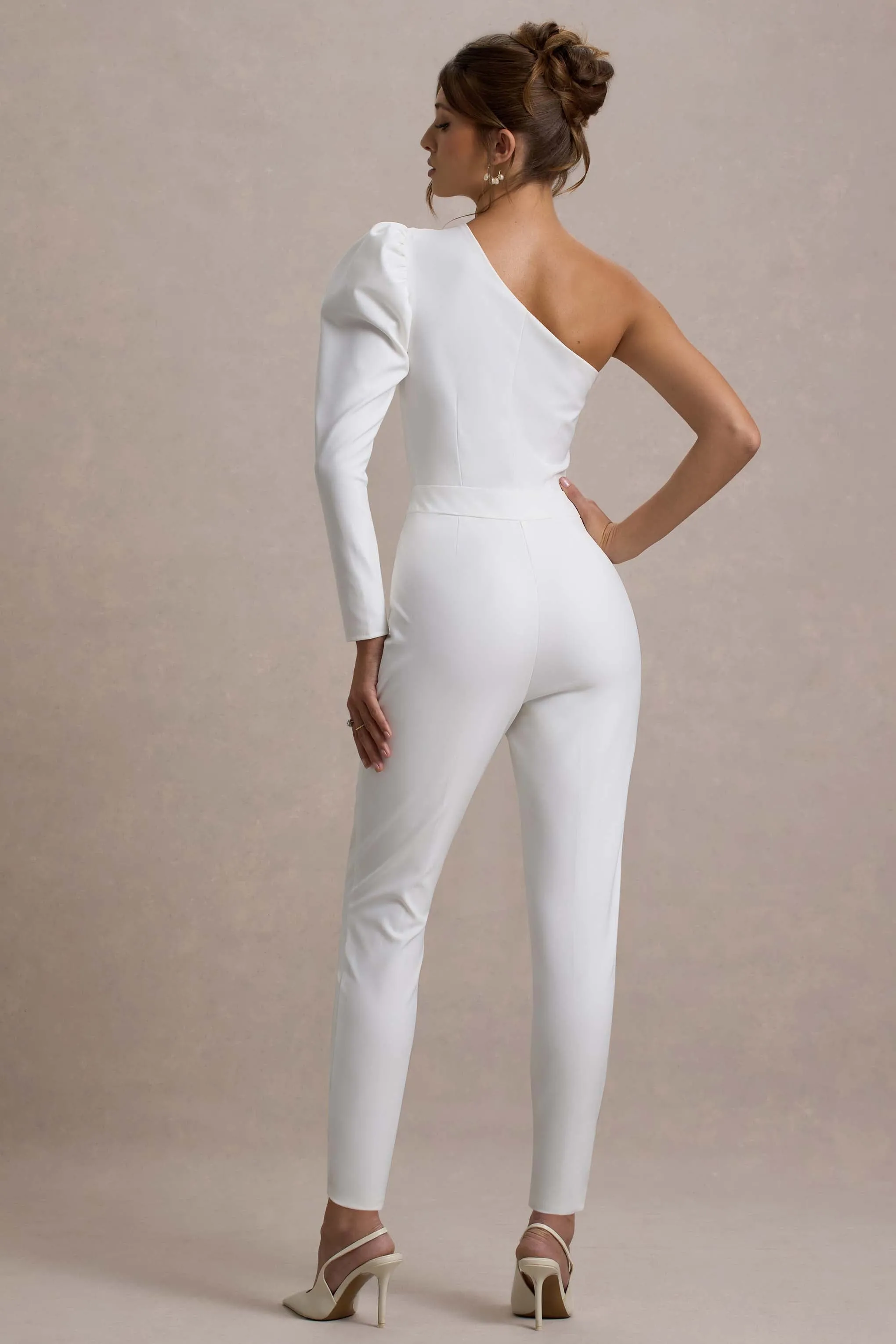 San Jose | White One-Shoulder Puff-Sleeve Jumpsuit Club L London