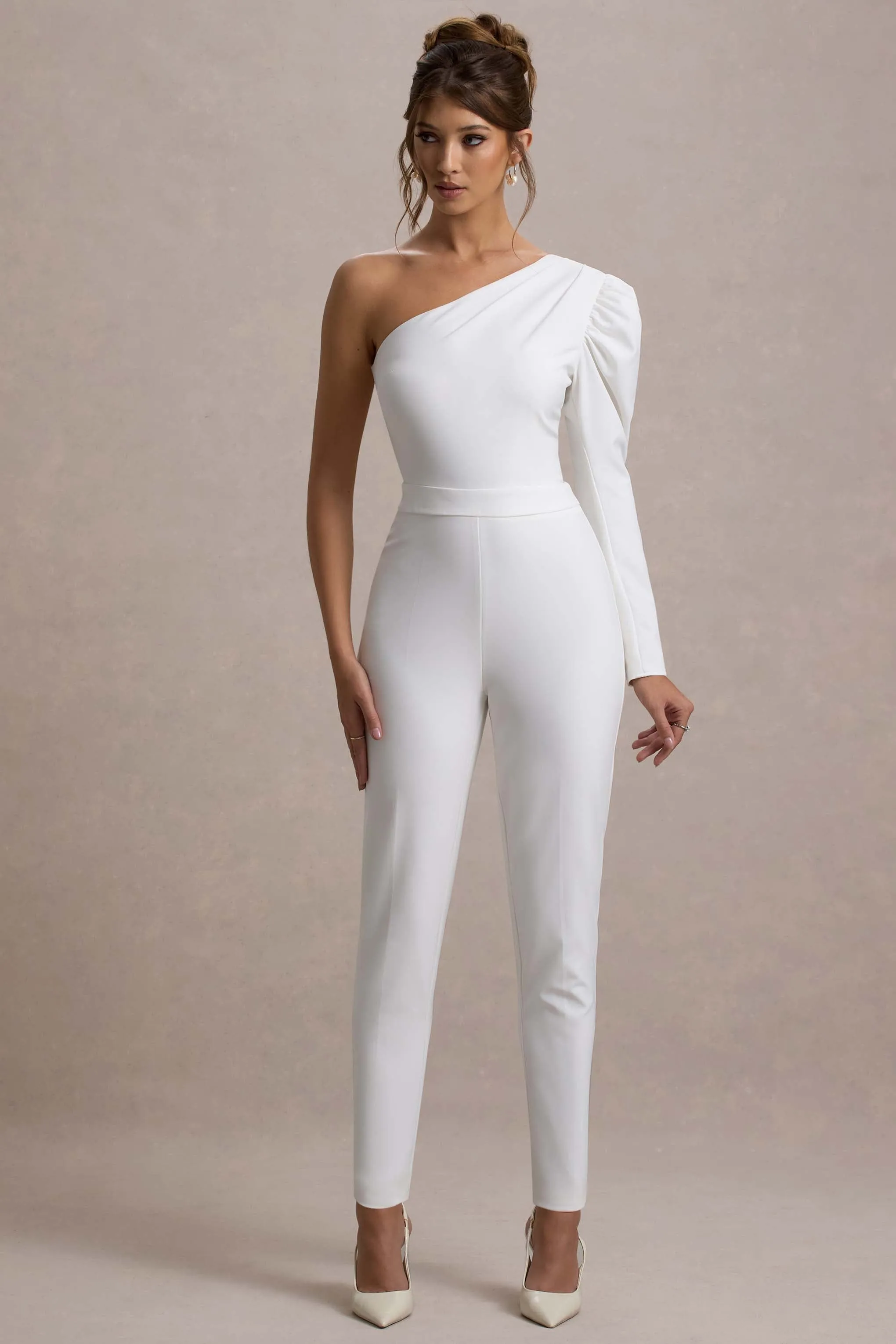 San Jose | White One-Shoulder Puff-Sleeve Jumpsuit Club L London