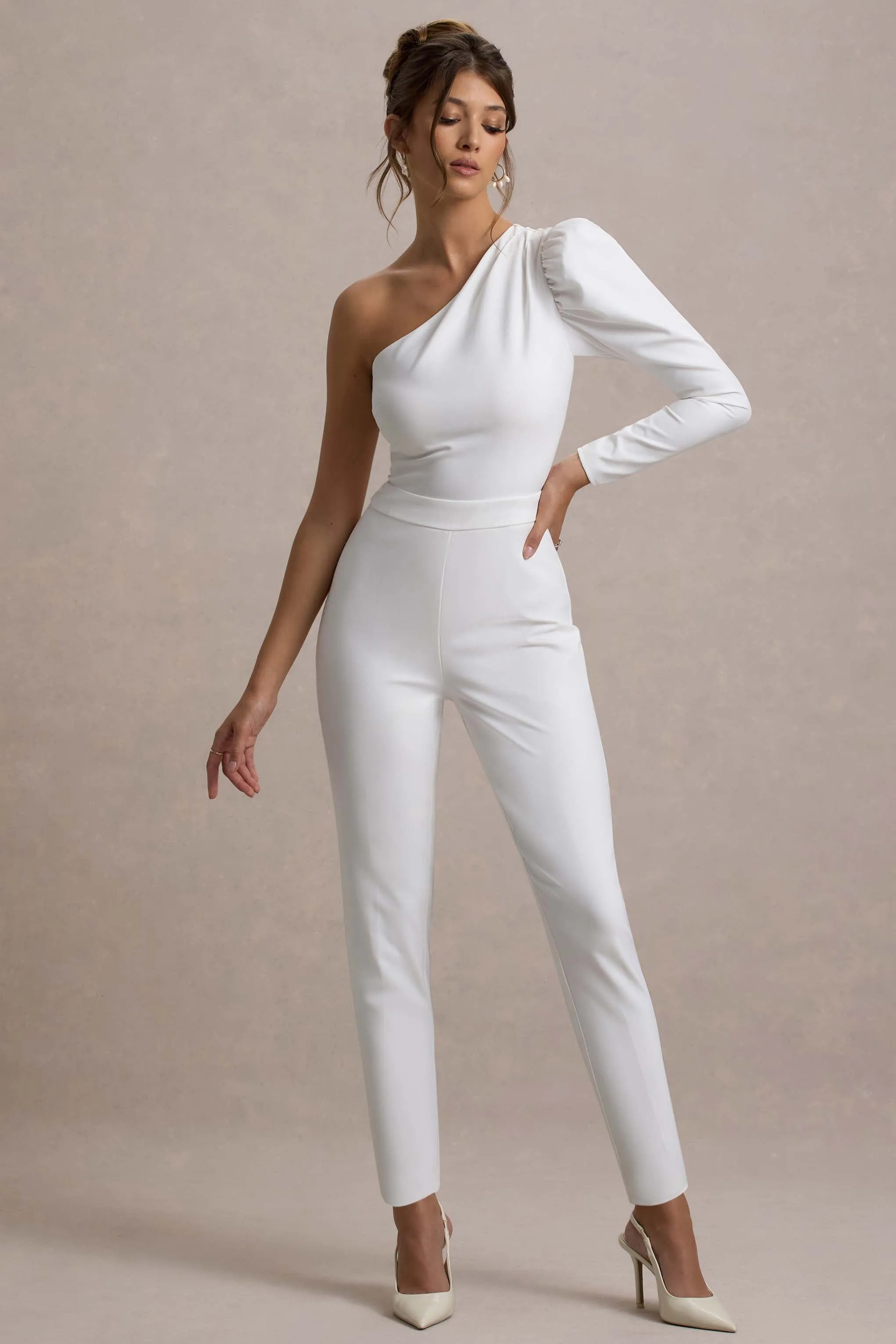San Jose | White One-Shoulder Puff-Sleeve Jumpsuit Club L London