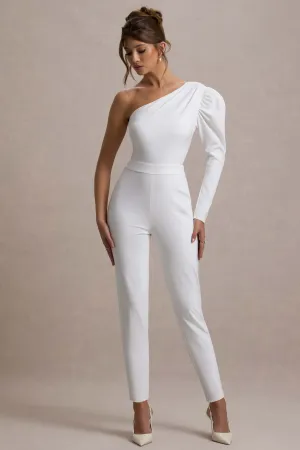 San Jose | White One-Shoulder Puff-Sleeve Jumpsuit Club L London