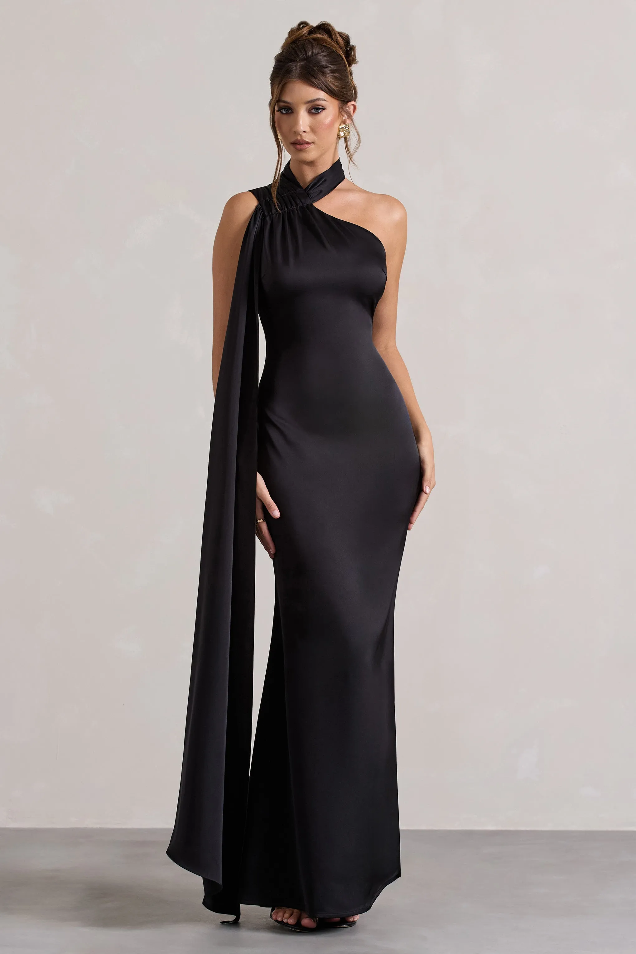 Sancia | Black Satin Asymmetric Maxi Dress With Sash Club L London