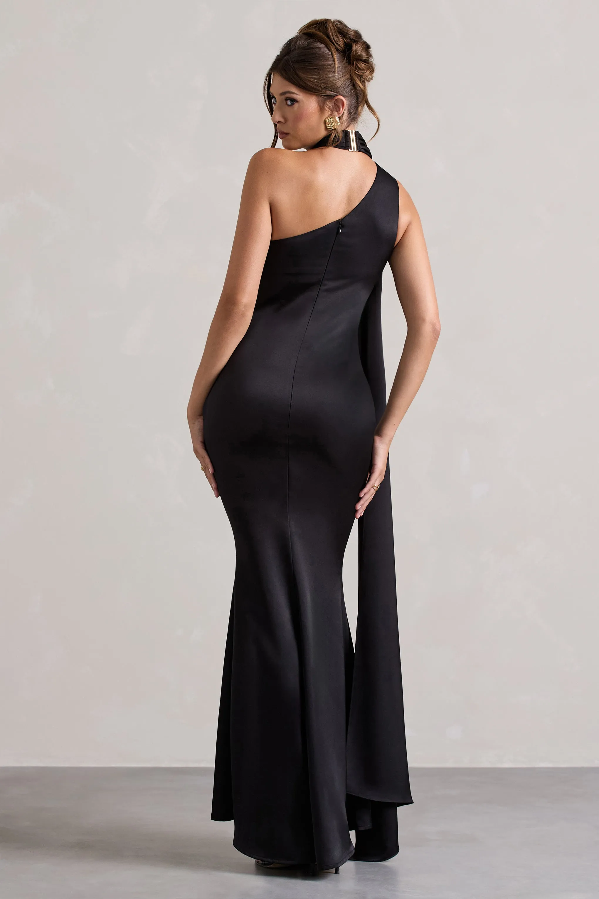 Sancia | Black Satin Asymmetric Maxi Dress With Sash Club L London