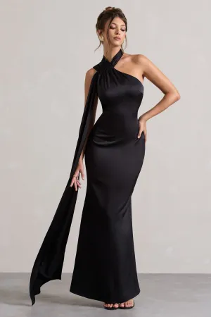Sancia | Black Satin Asymmetric Maxi Dress With Sash Club L London