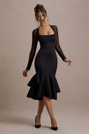Sander | Black Mesh Long-Sleeve Ruffle-Hem Midi Dress Club L London