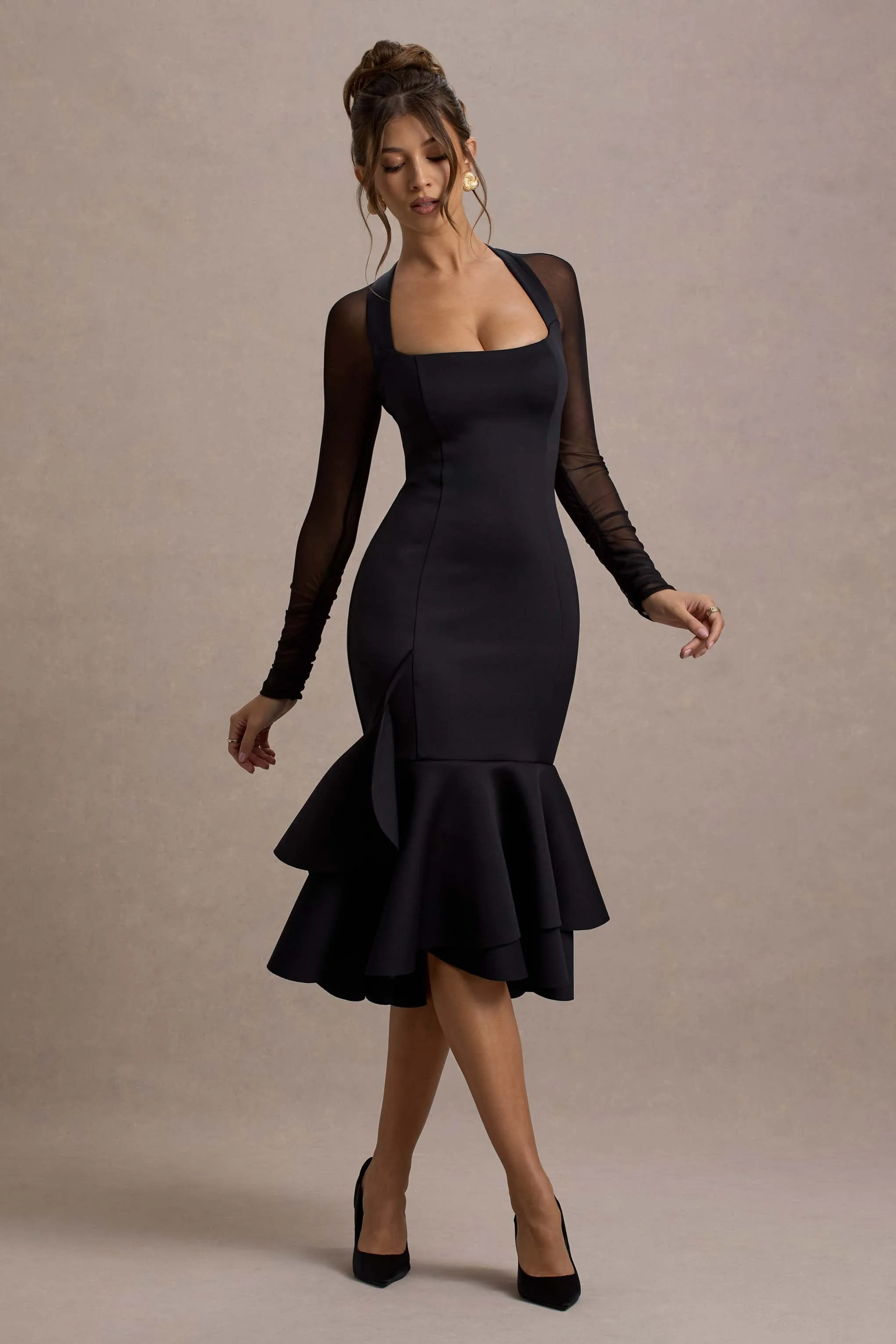 Sander | Black Mesh Long-Sleeve Ruffle-Hem Midi Dress Club L London