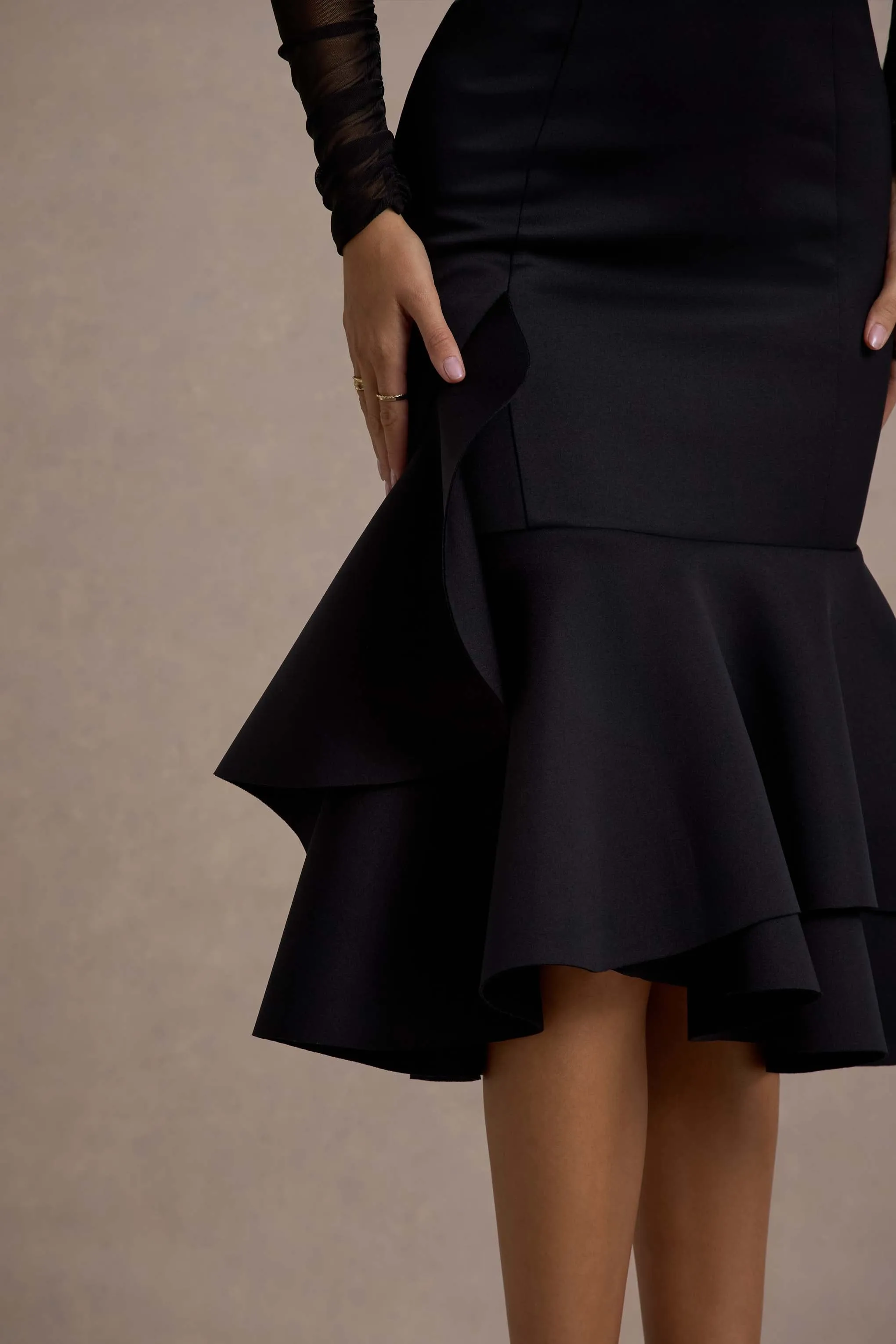Sander | Black Mesh Long-Sleeve Ruffle-Hem Midi Dress Club L London