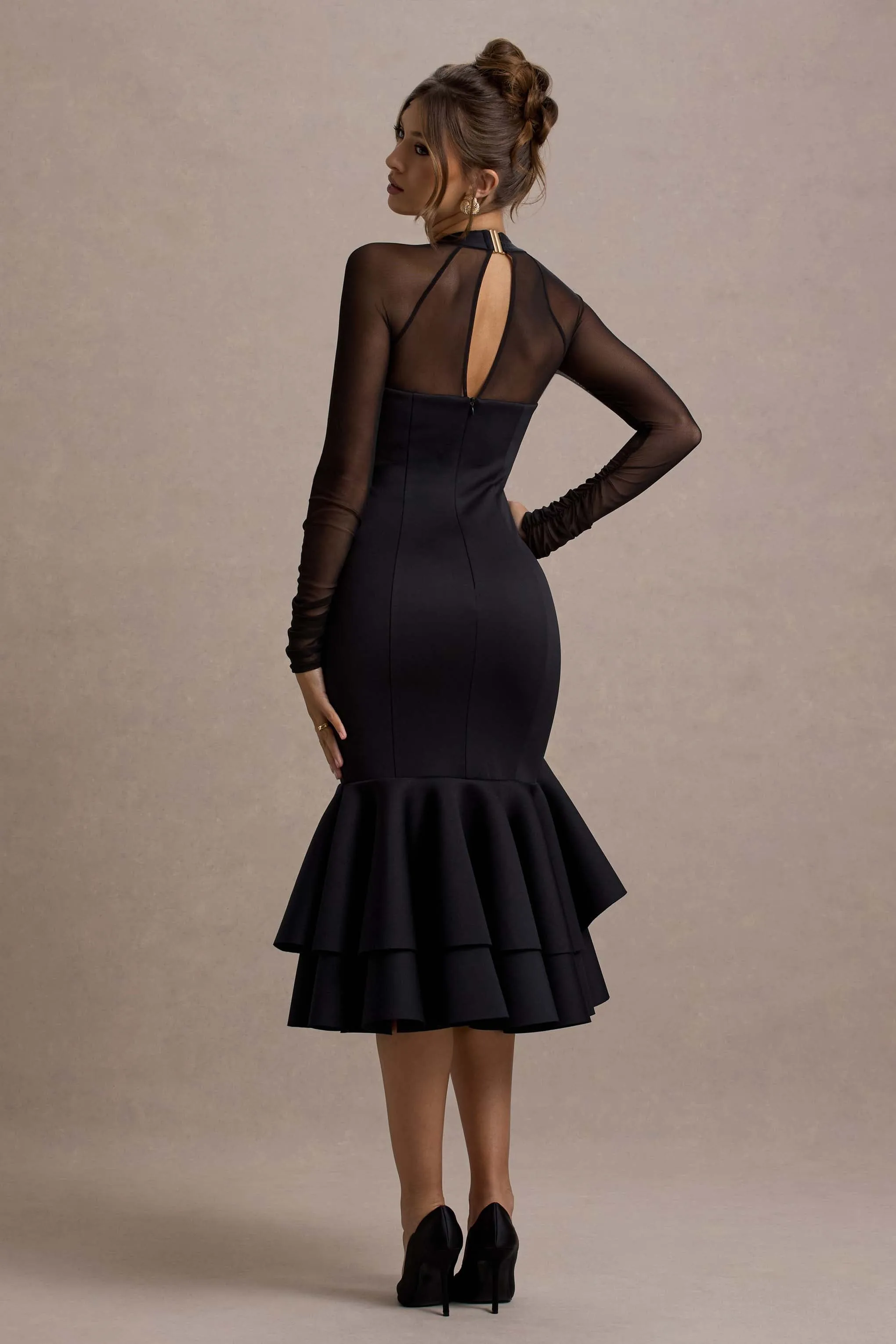Sander | Black Mesh Long-Sleeve Ruffle-Hem Midi Dress Club L London