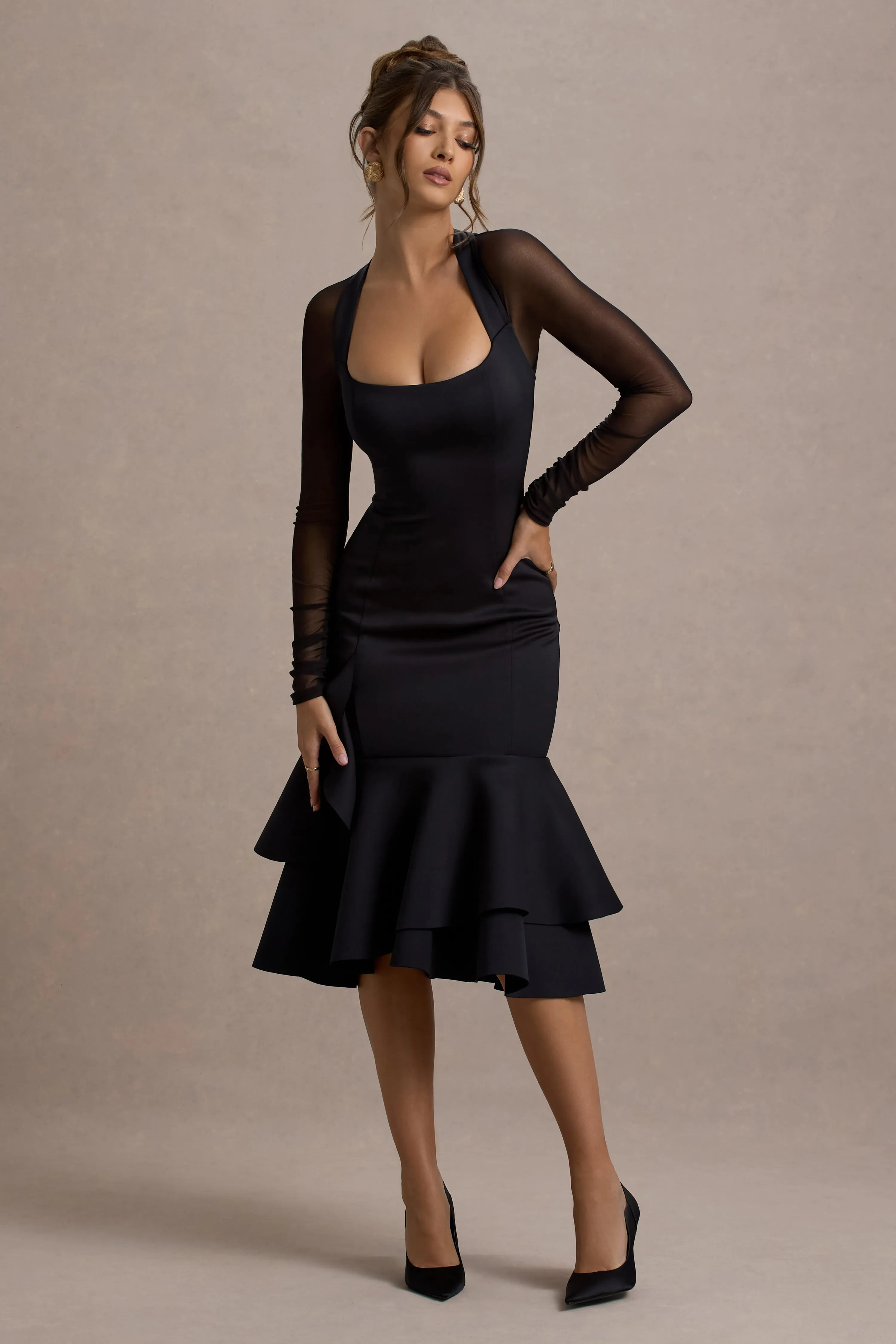 Sander | Black Mesh Long-Sleeve Ruffle-Hem Midi Dress Club L London