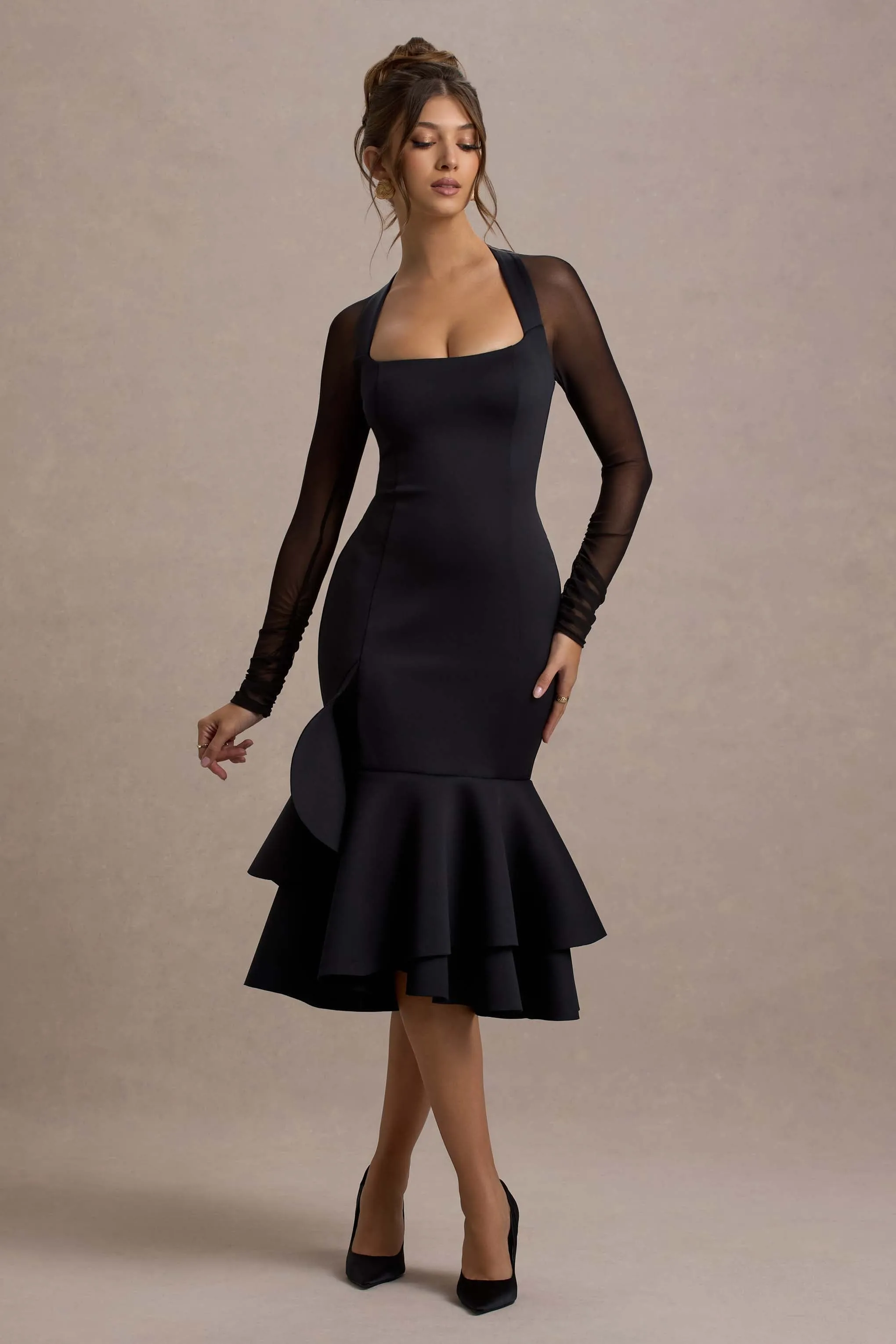 Sander | Black Mesh Long-Sleeve Ruffle-Hem Midi Dress Club L London