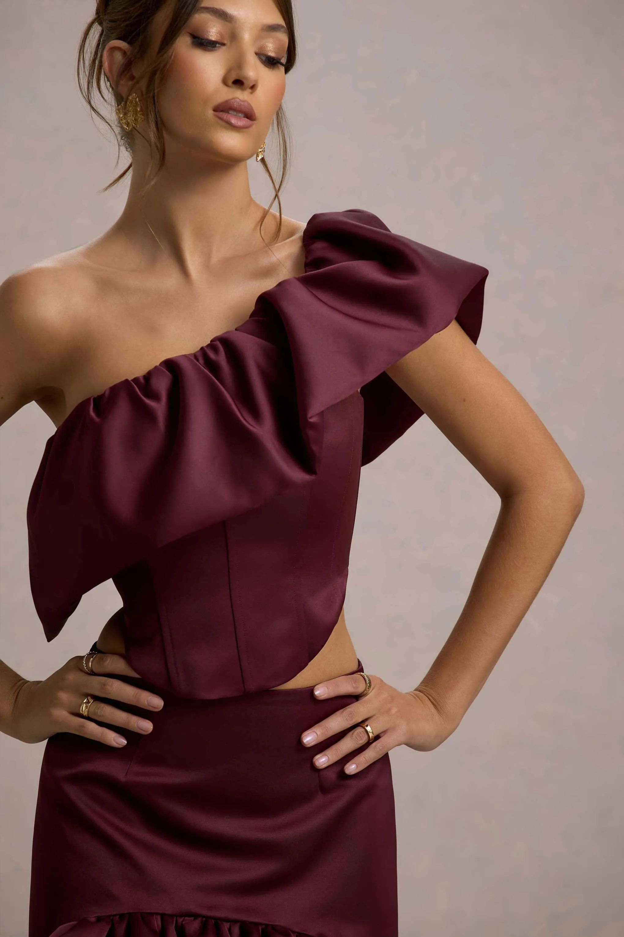 Sandie | Merlot Satin Bardot Ruffled Crop Top Club L London