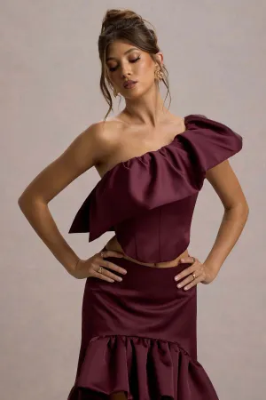 Sandie | Merlot Satin Bardot Ruffled Crop Top Club L London