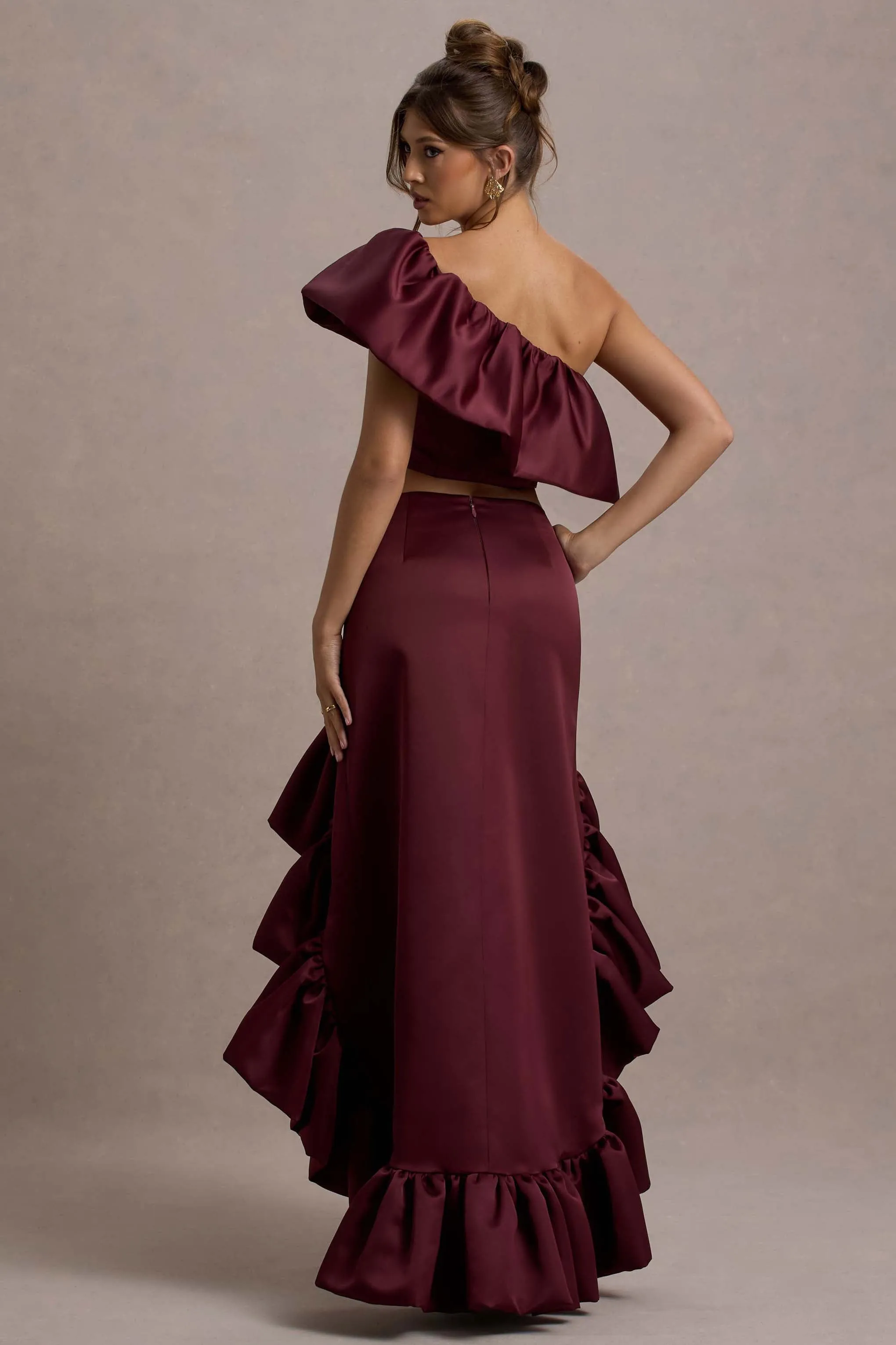 Sandie | Merlot Satin Bardot Ruffled Crop Top Club L London