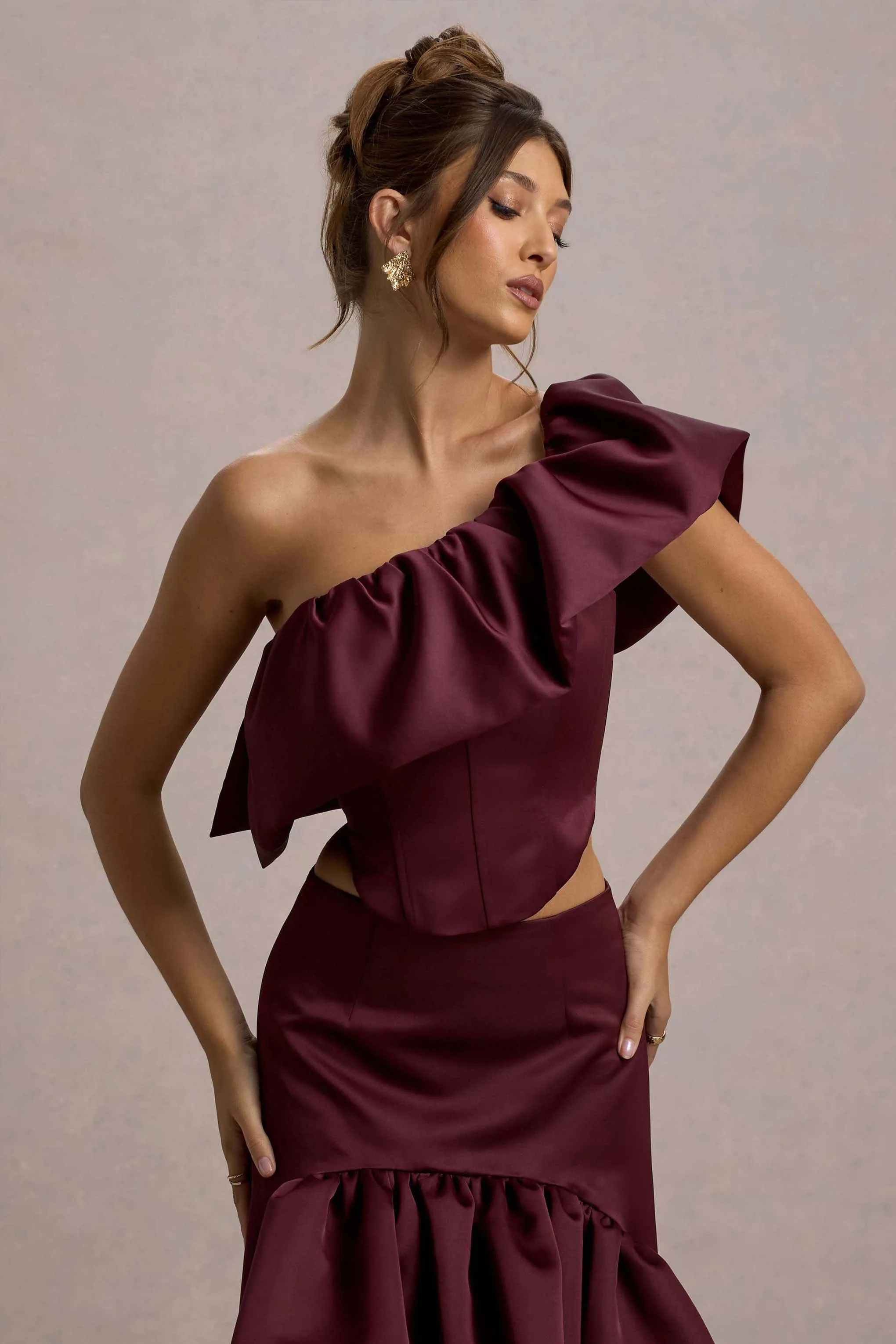 Sandie | Merlot Satin Bardot Ruffled Crop Top Club L London