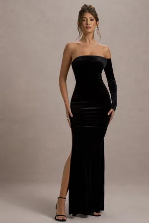 Sandrine | Black Velvet One-Sleeve Maxi Dress Club L London