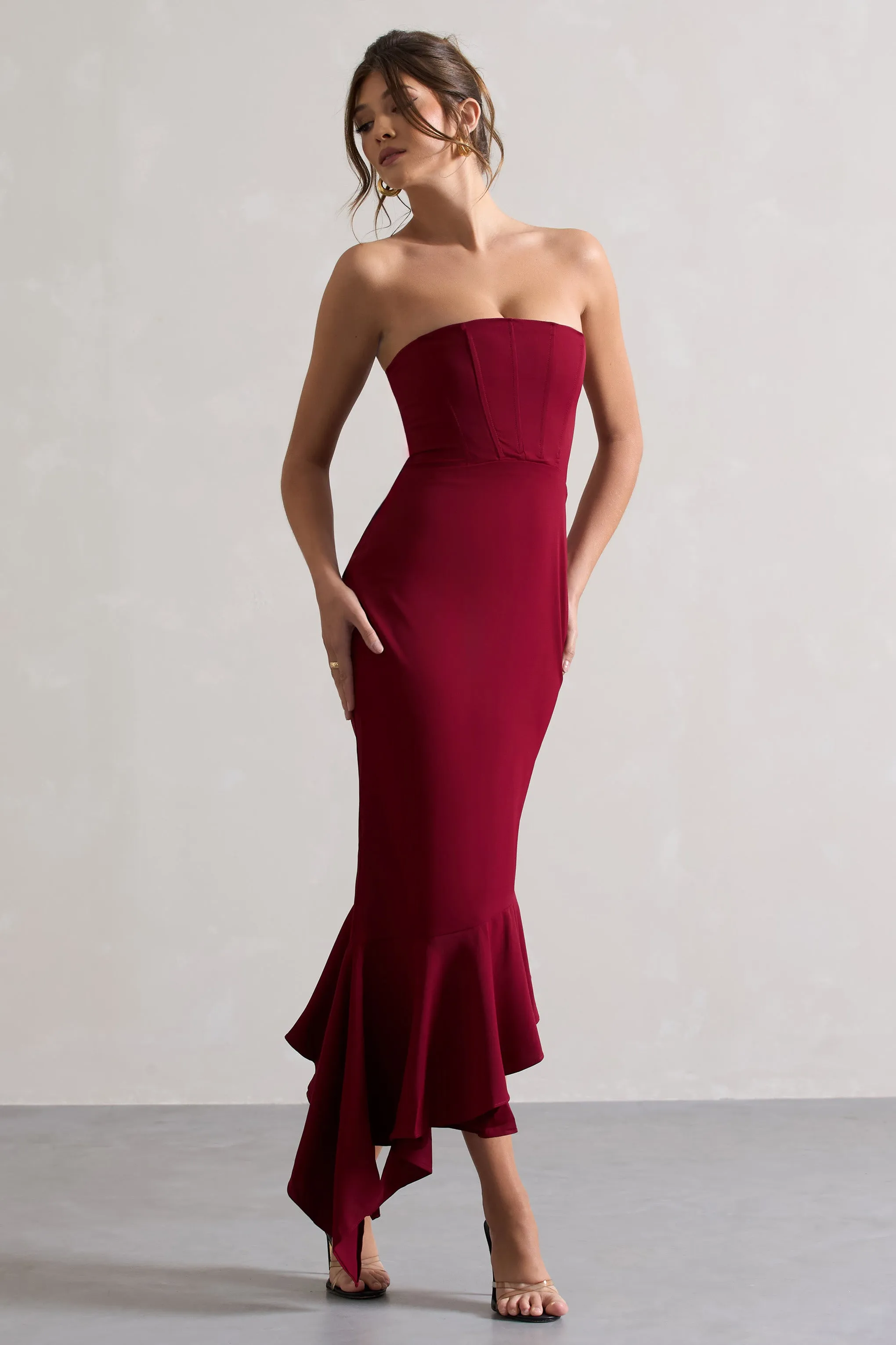 Sandy | Berry Strapless Corset Asymmetric Maxi Dress Club L London