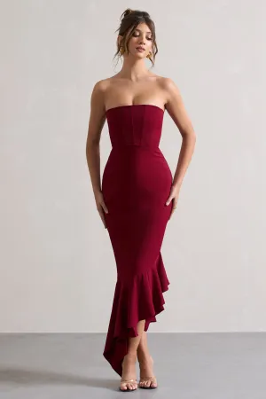 Sandy | Berry Strapless Corset Asymmetric Maxi Dress Club L London