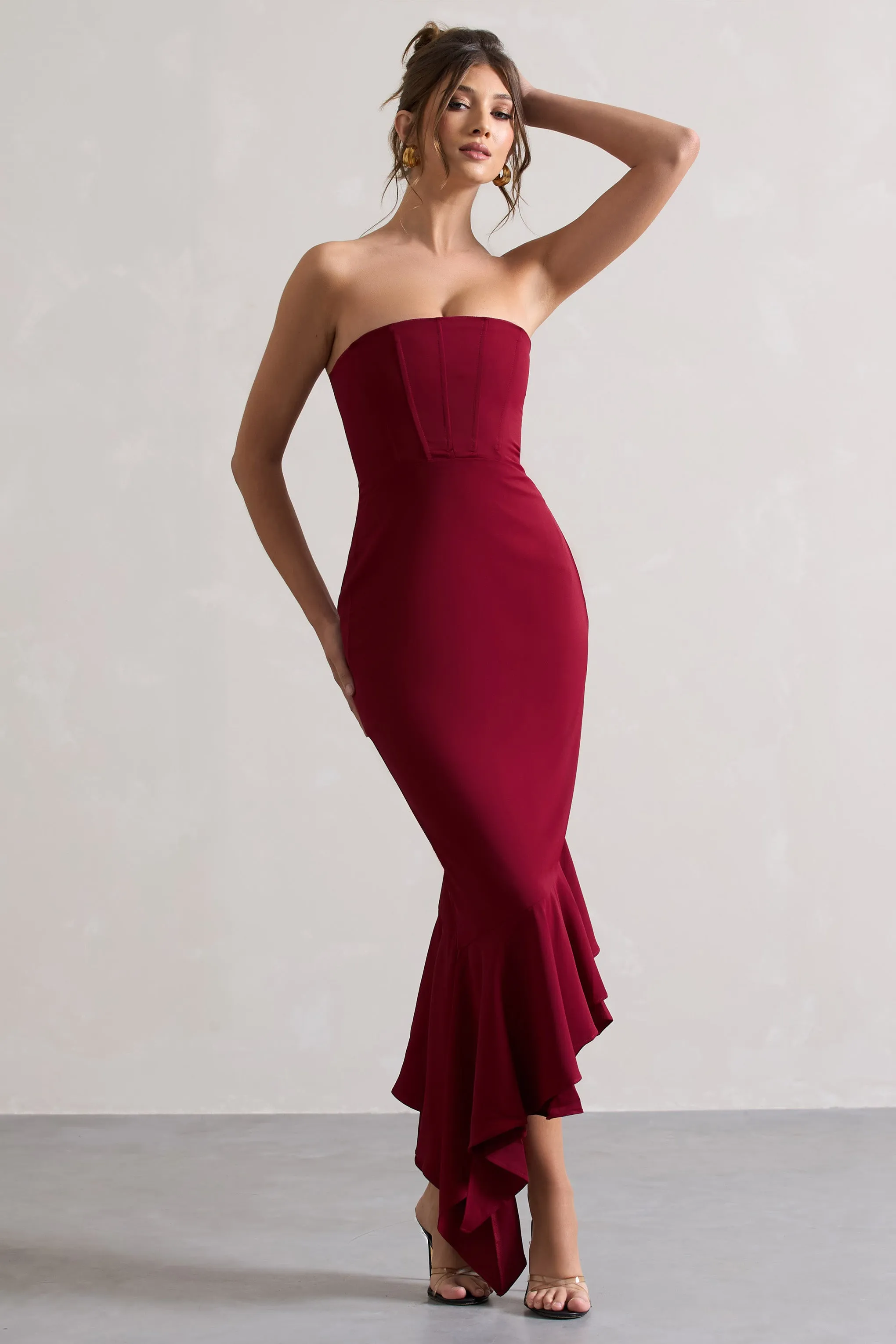 Sandy | Berry Strapless Corset Asymmetric Maxi Dress Club L London