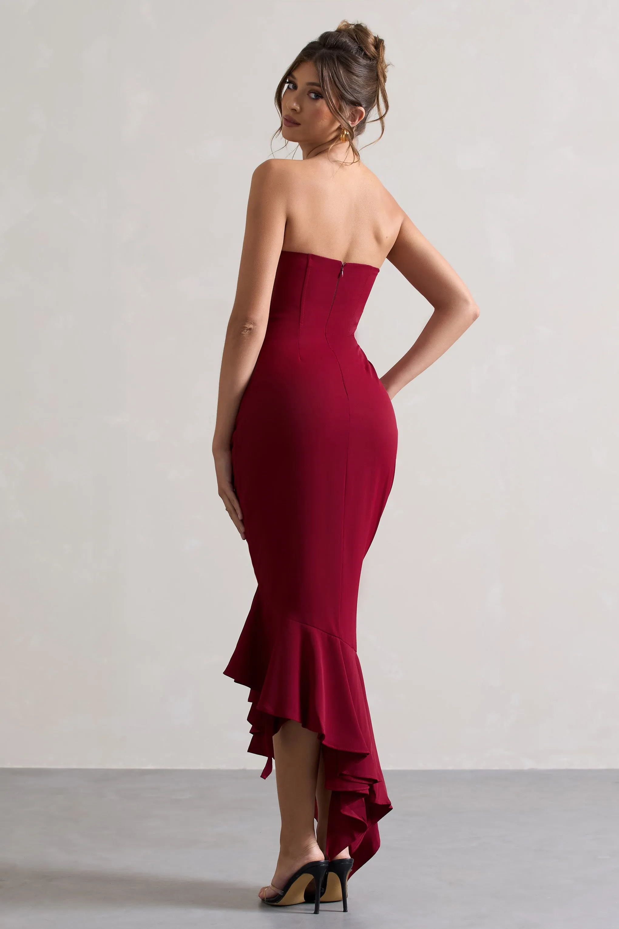 Sandy | Berry Strapless Corset Asymmetric Maxi Dress Club L London