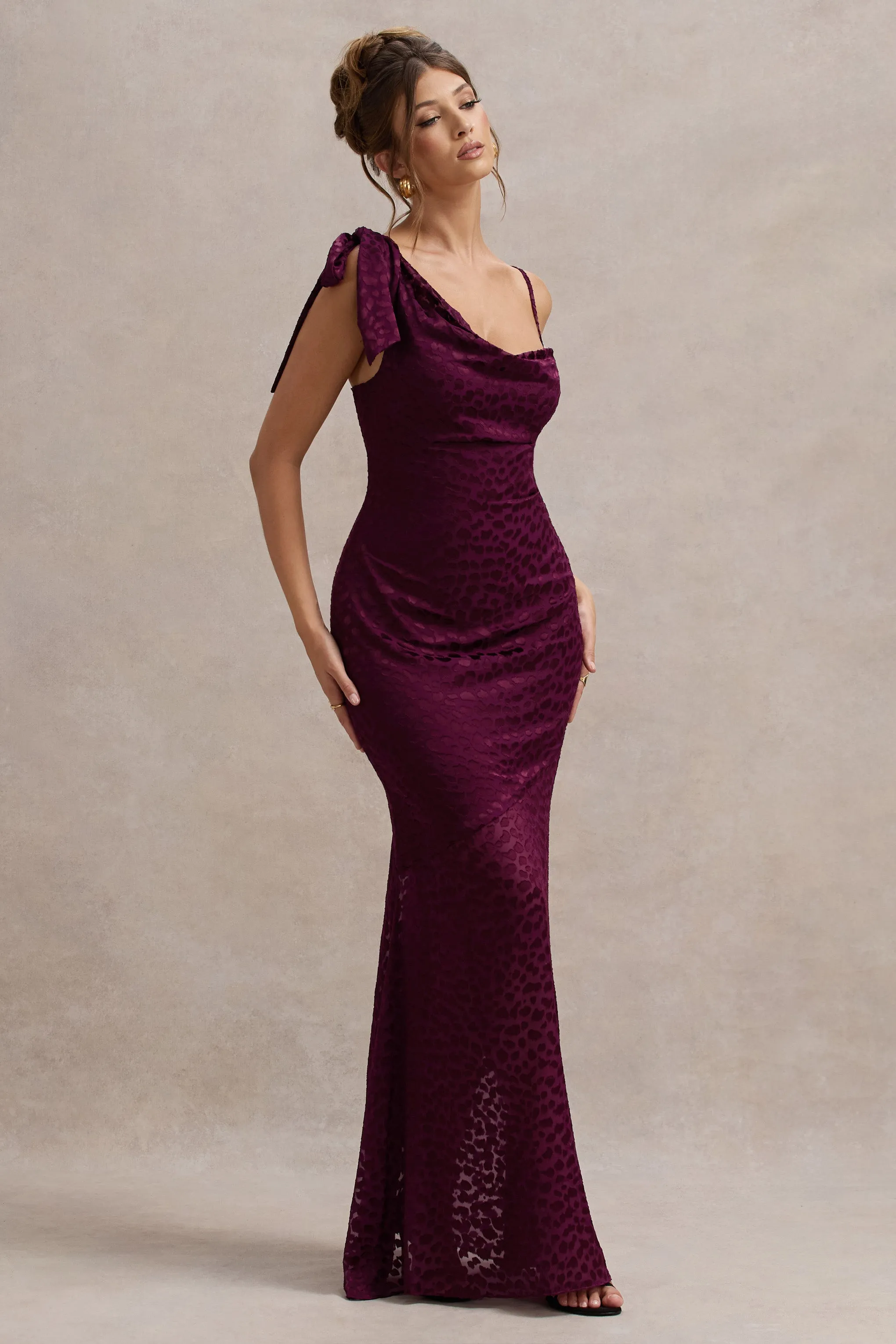 Sangria | Burgundy Satin Jacquard Cowl-Neck Maxi Dress Club L London