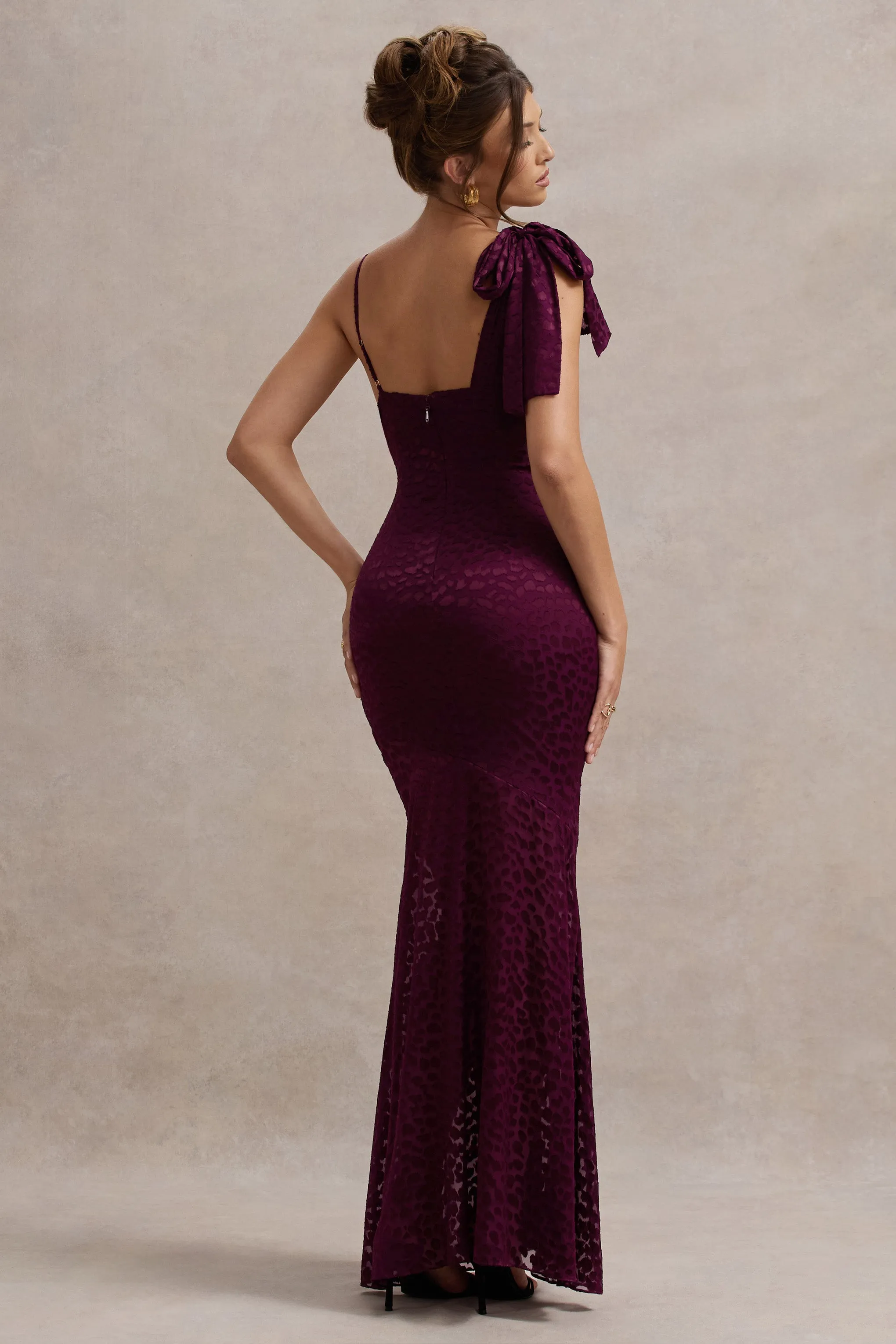 Sangria | Burgundy Satin Jacquard Cowl-Neck Maxi Dress Club L London