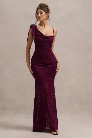 Sangria | Burgundy Satin Jacquard Cowl-Neck Maxi Dress Club L London