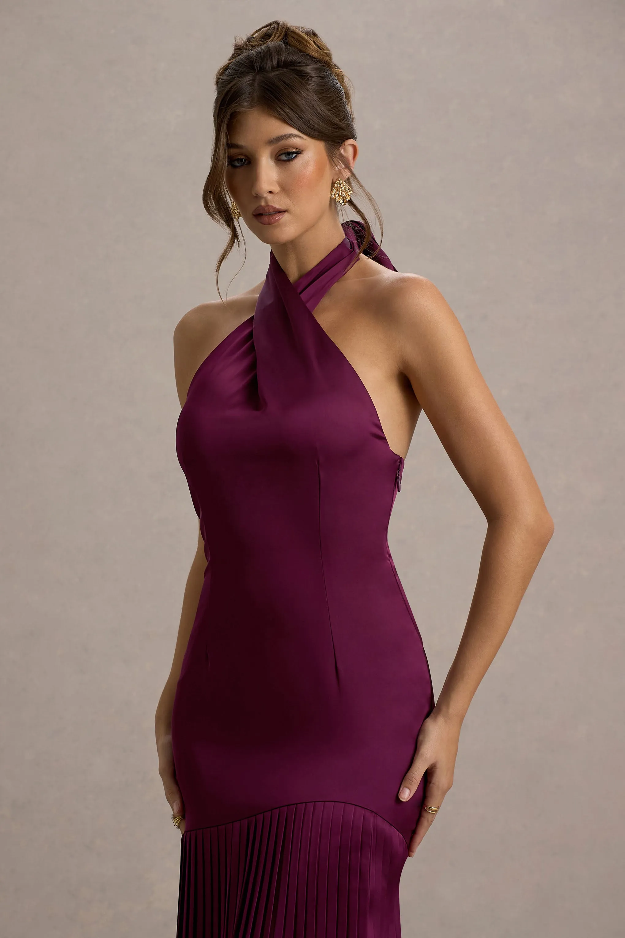 Sansa | Burgundy Satin Cross Halter-Neck Plisse Maxi Dress Club L London