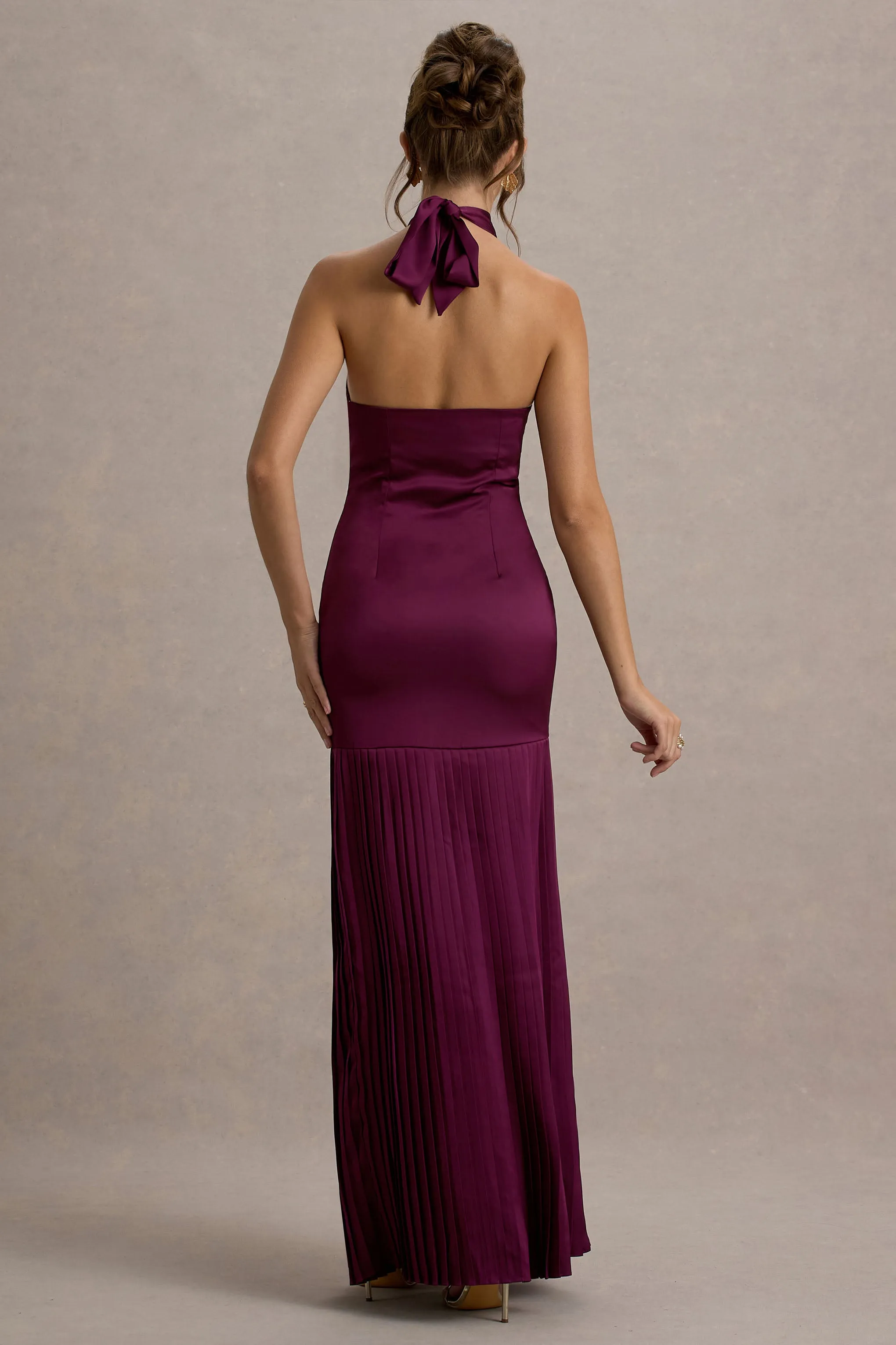 Sansa | Burgundy Satin Cross Halter-Neck Plisse Maxi Dress Club L London