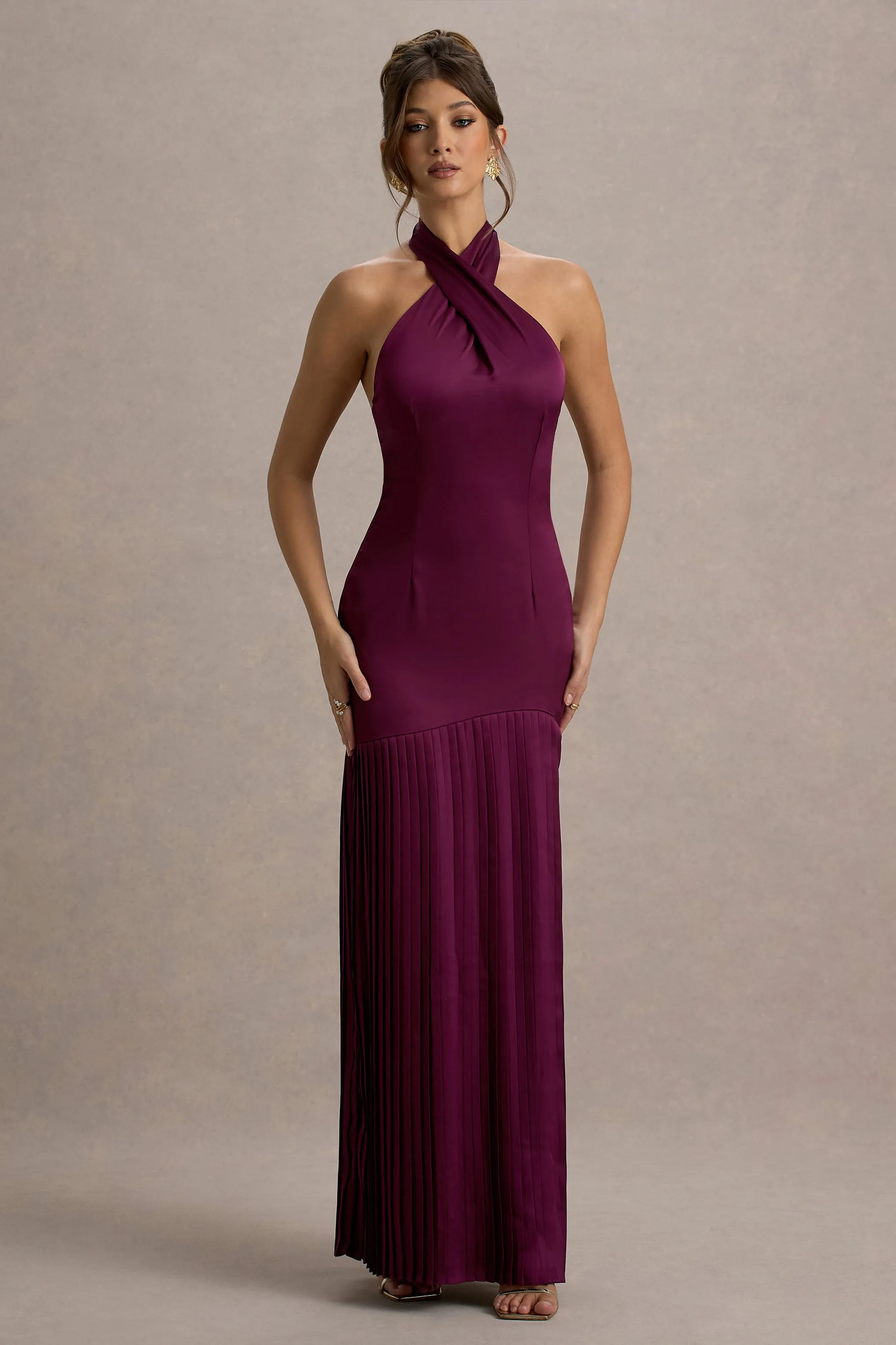 Sansa | Burgundy Satin Cross Halter-Neck Plisse Maxi Dress Club L London