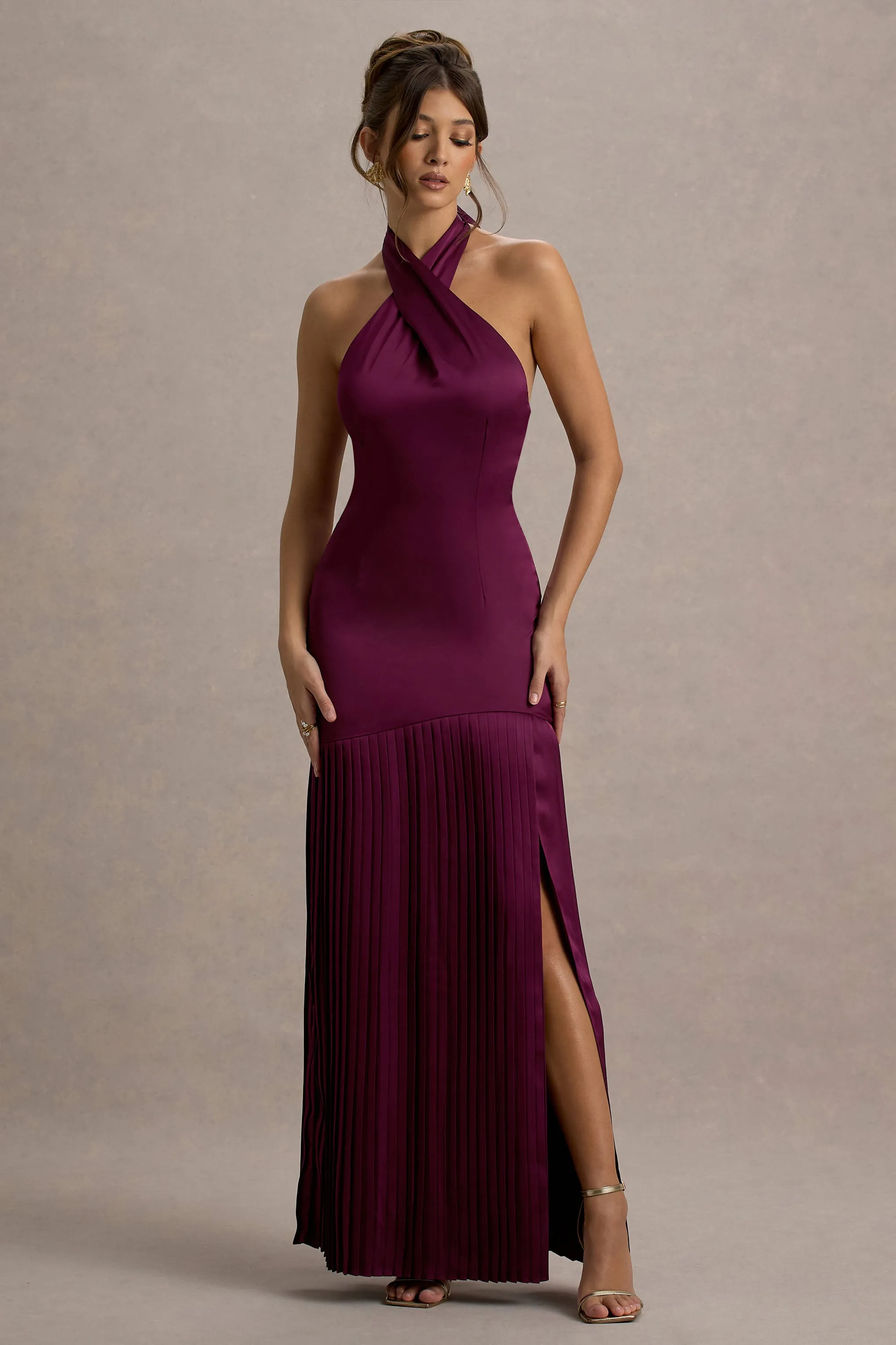 Sansa | Burgundy Satin Cross Halter-Neck Plisse Maxi Dress Club L London