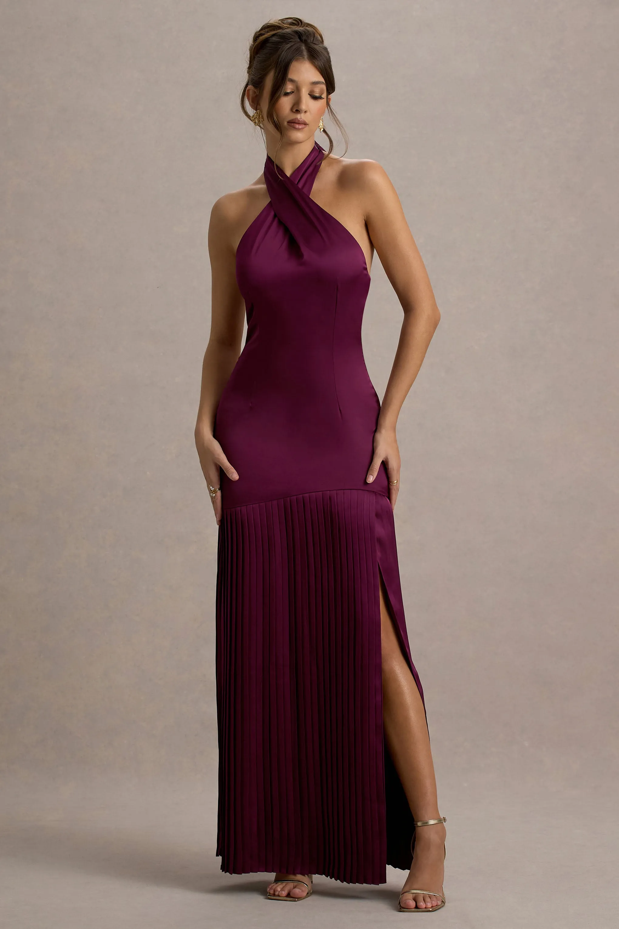 Sansa | Burgundy Satin Cross Halter-Neck Plisse Maxi Dress Club L London