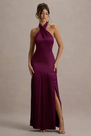 Sansa | Burgundy Satin Cross Halter-Neck Plisse Maxi Dress Club L London