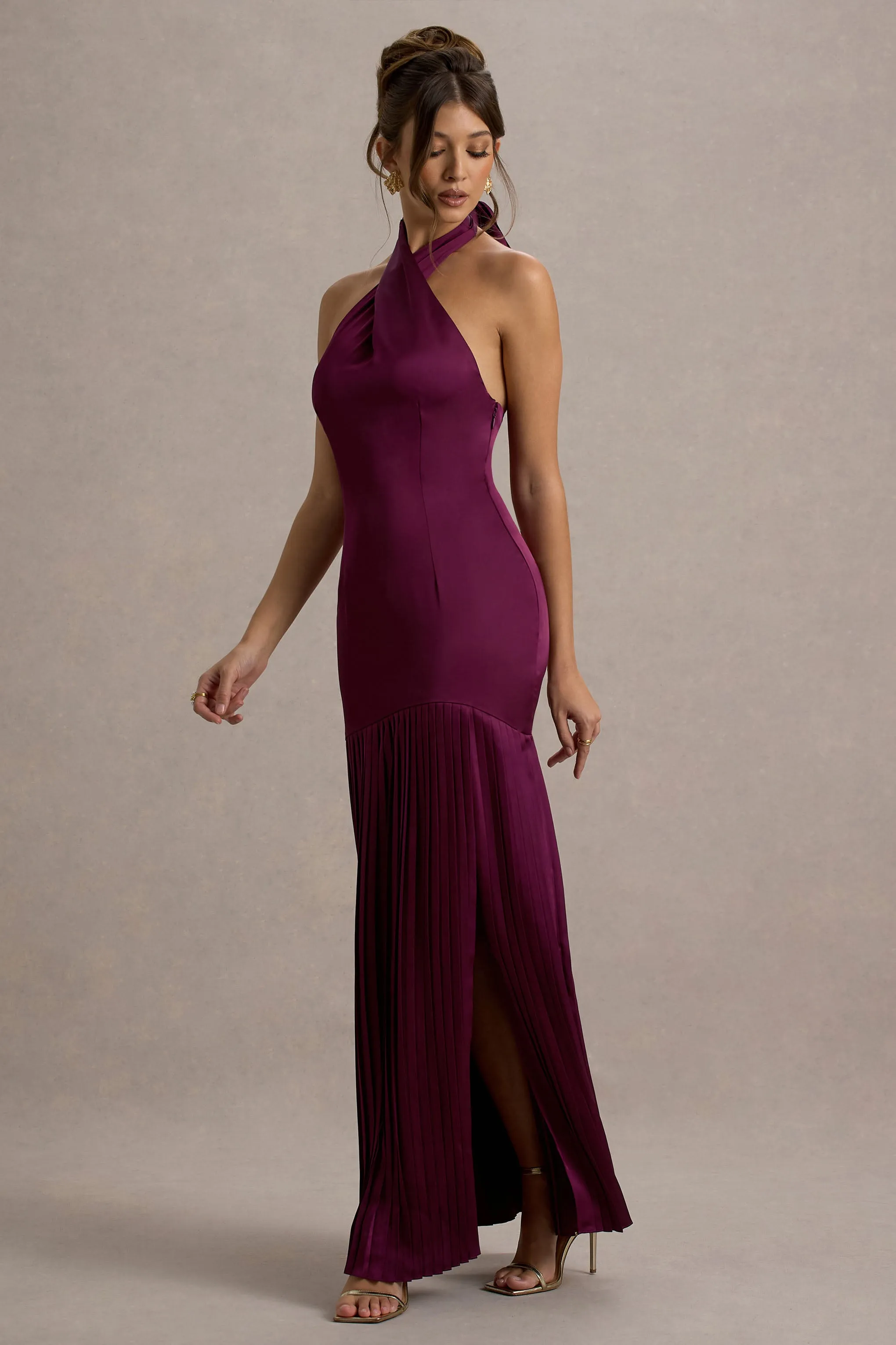 Sansa | Burgundy Satin Cross Halter-Neck Plisse Maxi Dress Club L London