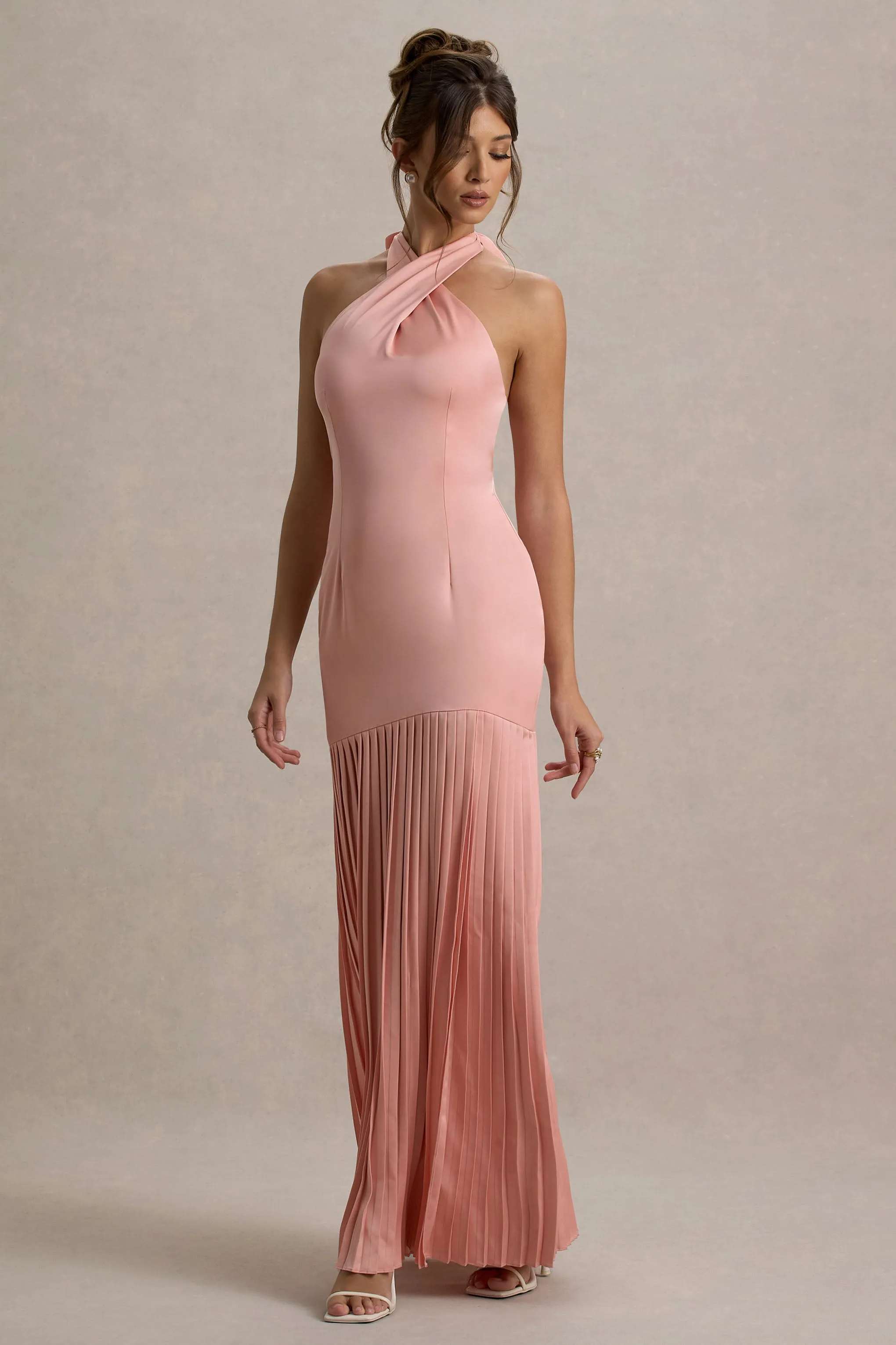 Sansa | Light Pink Satin Cross Halter-Neck Plisse Maxi Dress Club L London