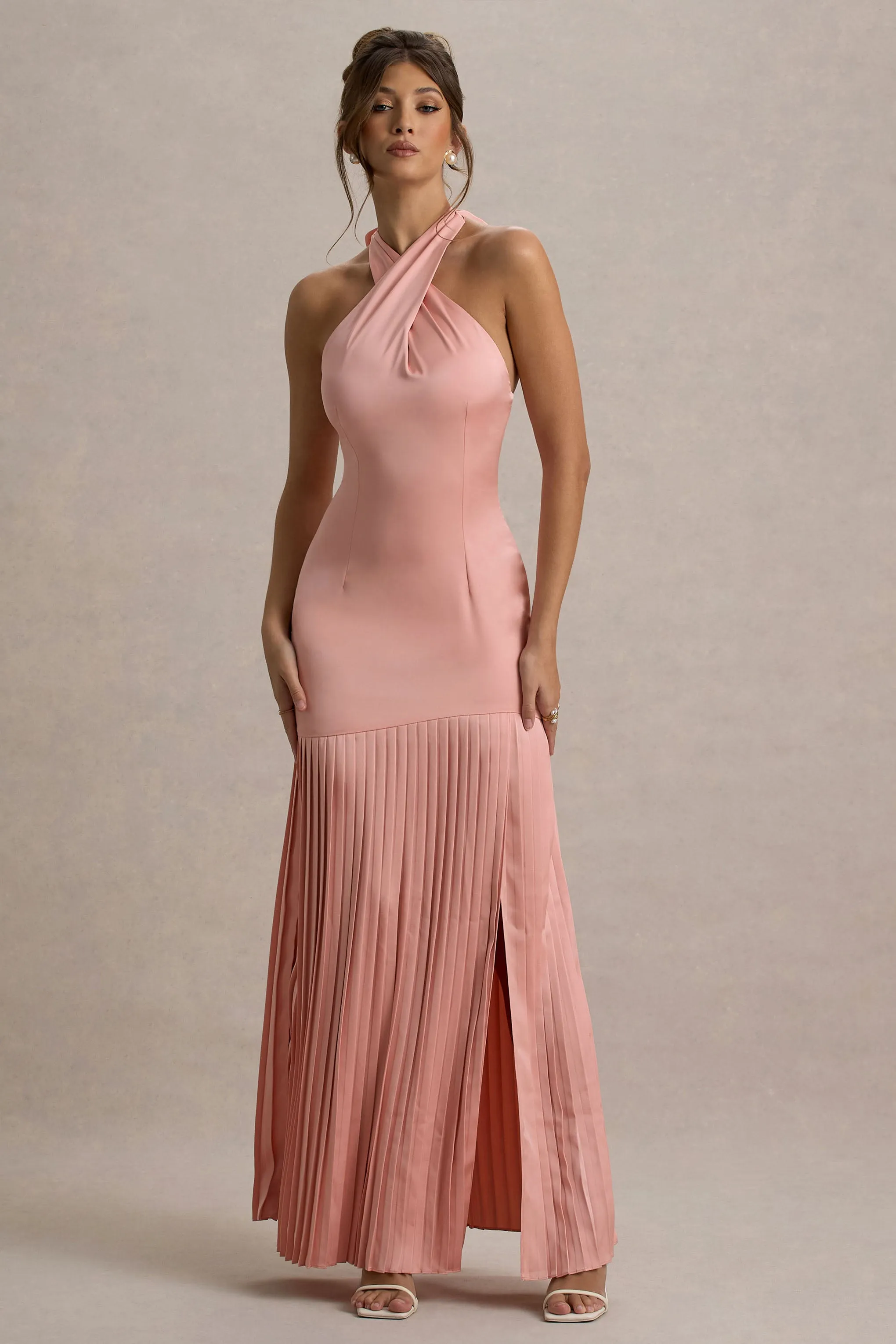 Sansa | Light Pink Satin Cross Halter-Neck Plisse Maxi Dress Club L London