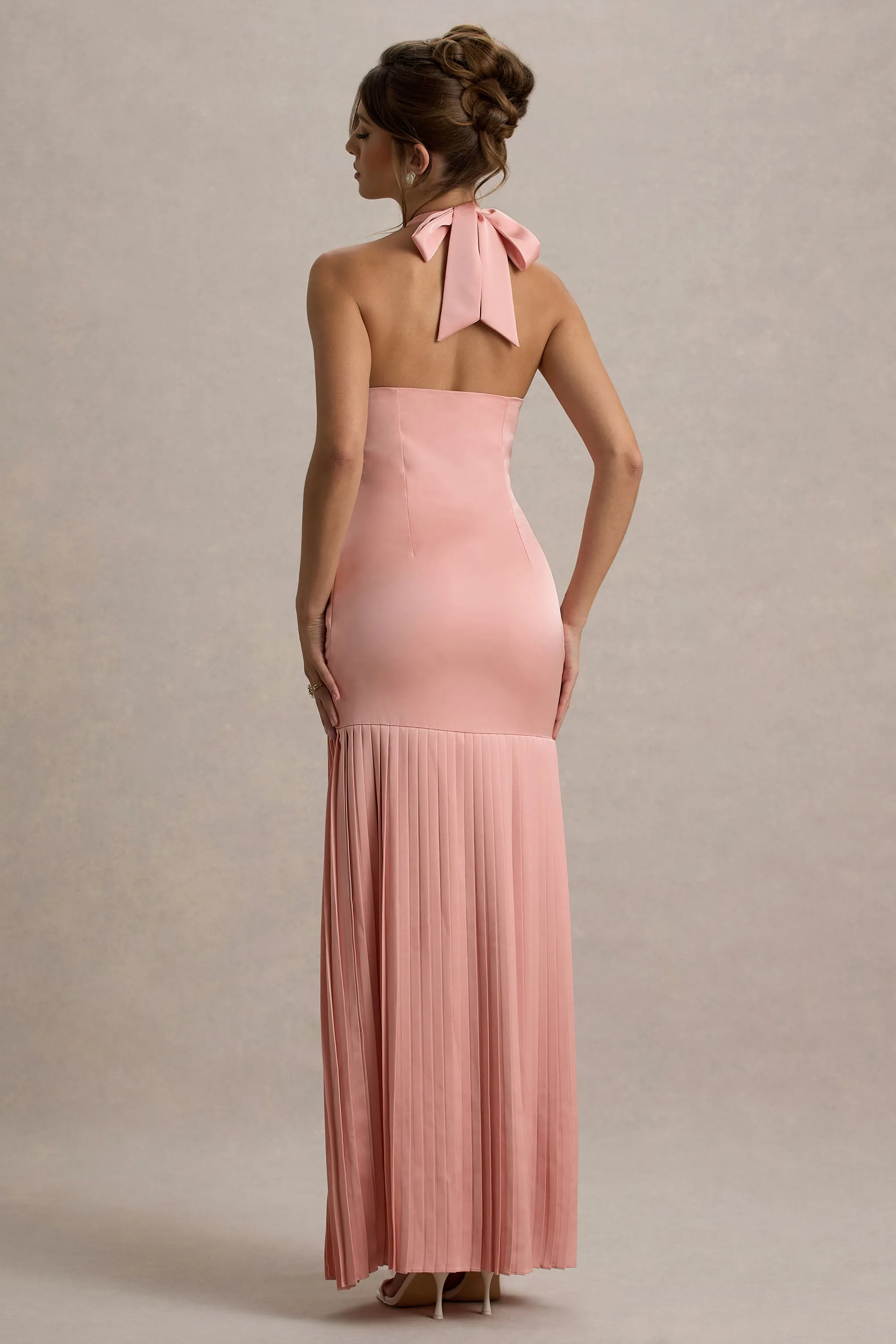 Sansa | Light Pink Satin Cross Halter-Neck Plisse Maxi Dress Club L London