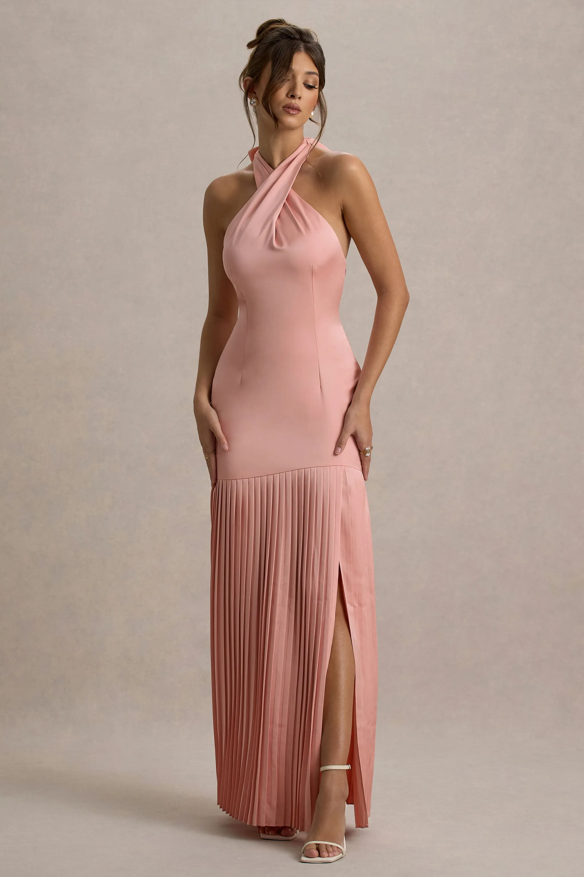 Sansa | Light Pink Satin Cross Halter-Neck Plisse Maxi Dress Club L London