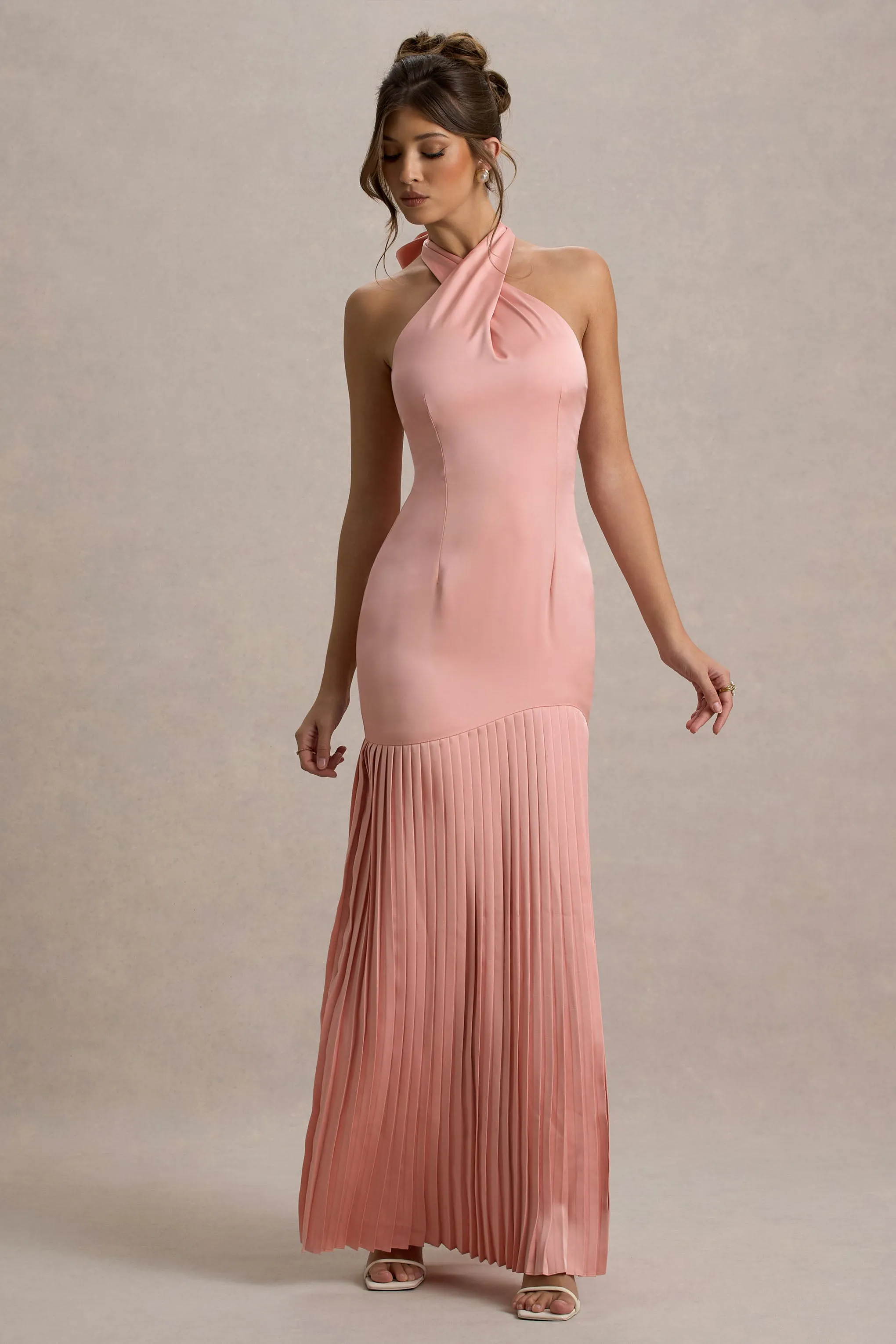 Sansa | Light Pink Satin Cross Halter-Neck Plisse Maxi Dress Club L London