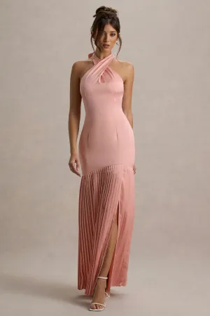 Sansa | Light Pink Satin Cross Halter-Neck Plisse Maxi Dress Club L London
