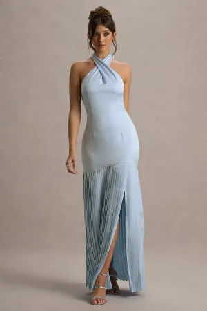 Sansa | Powder Blue Satin Cross Halter-Neck Plisse Maxi Dress Club L London