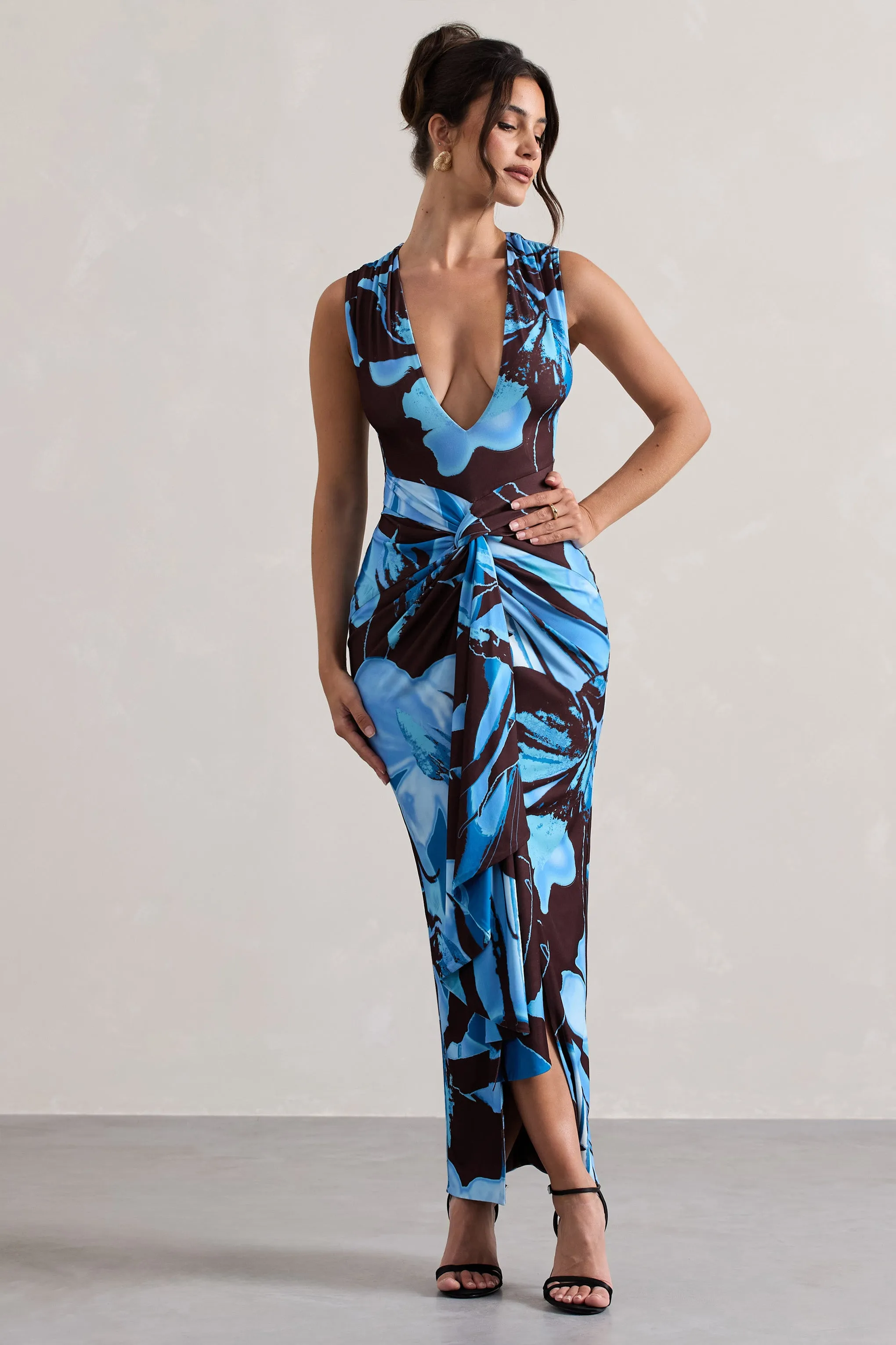 Santana | Floral Print Plunge-Neck Split Maxi Dress With Knot Detail Club L London