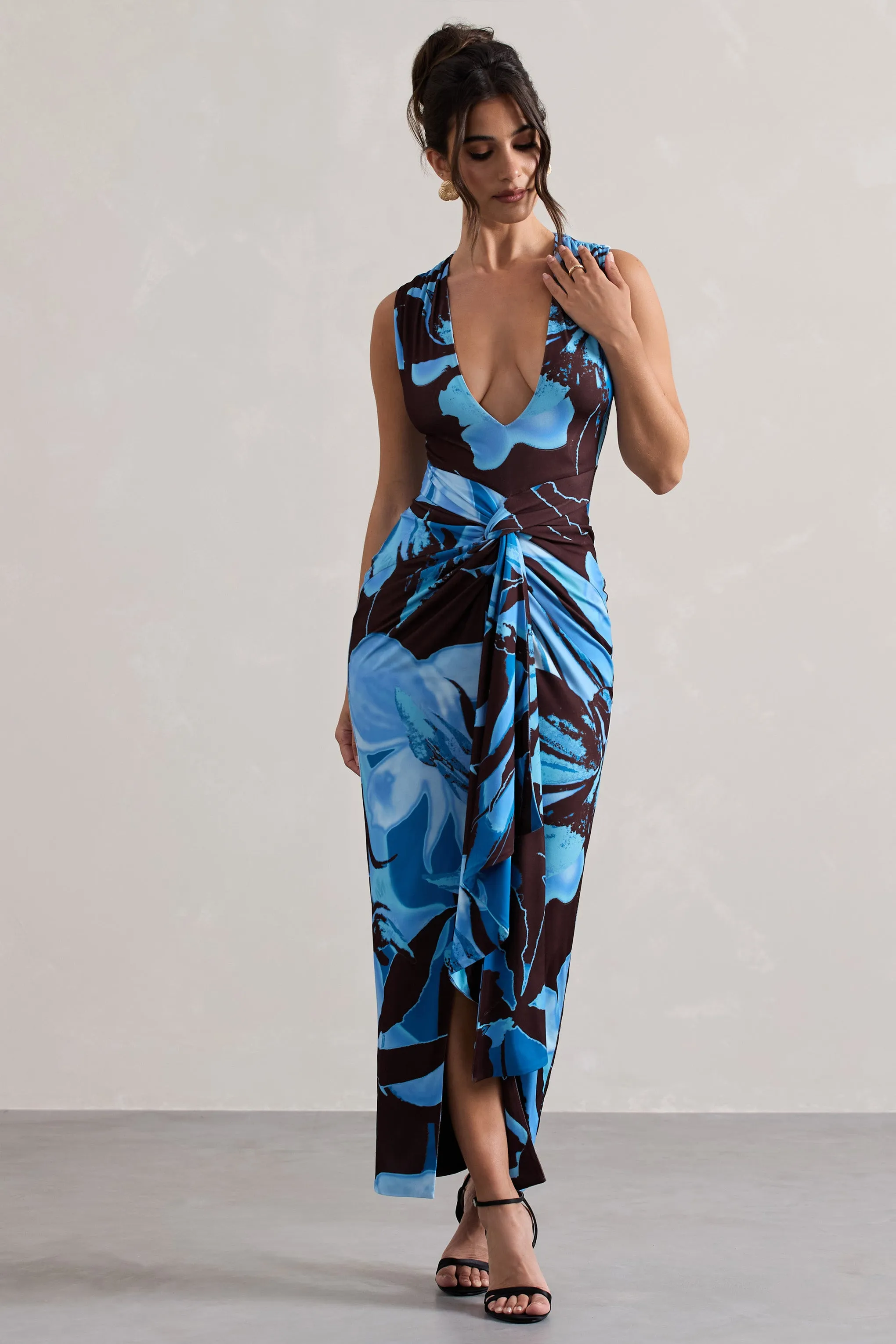 Santana | Floral Print Plunge-Neck Split Maxi Dress With Knot Detail Club L London