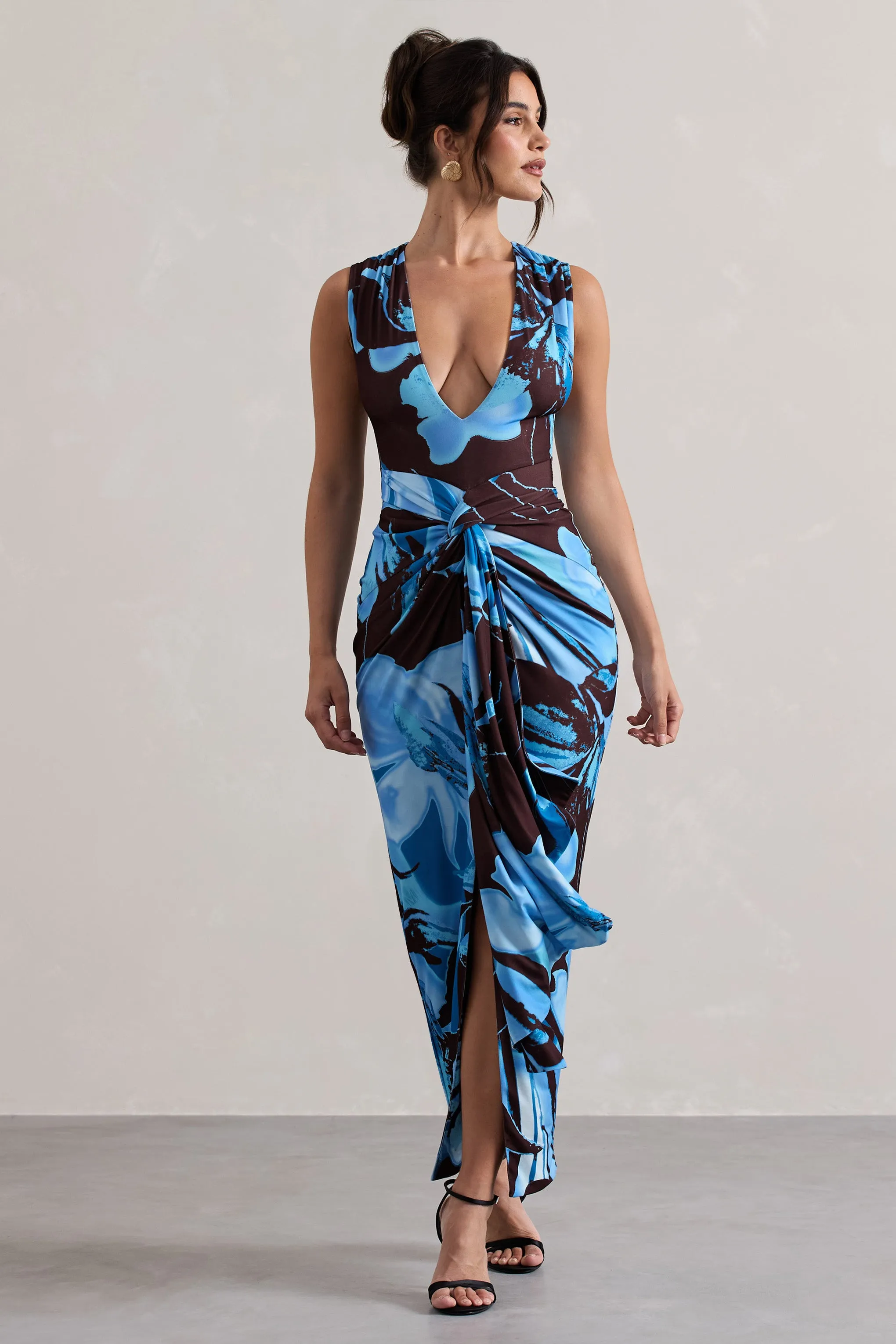 Santana | Floral Print Plunge-Neck Split Maxi Dress With Knot Detail Club L London