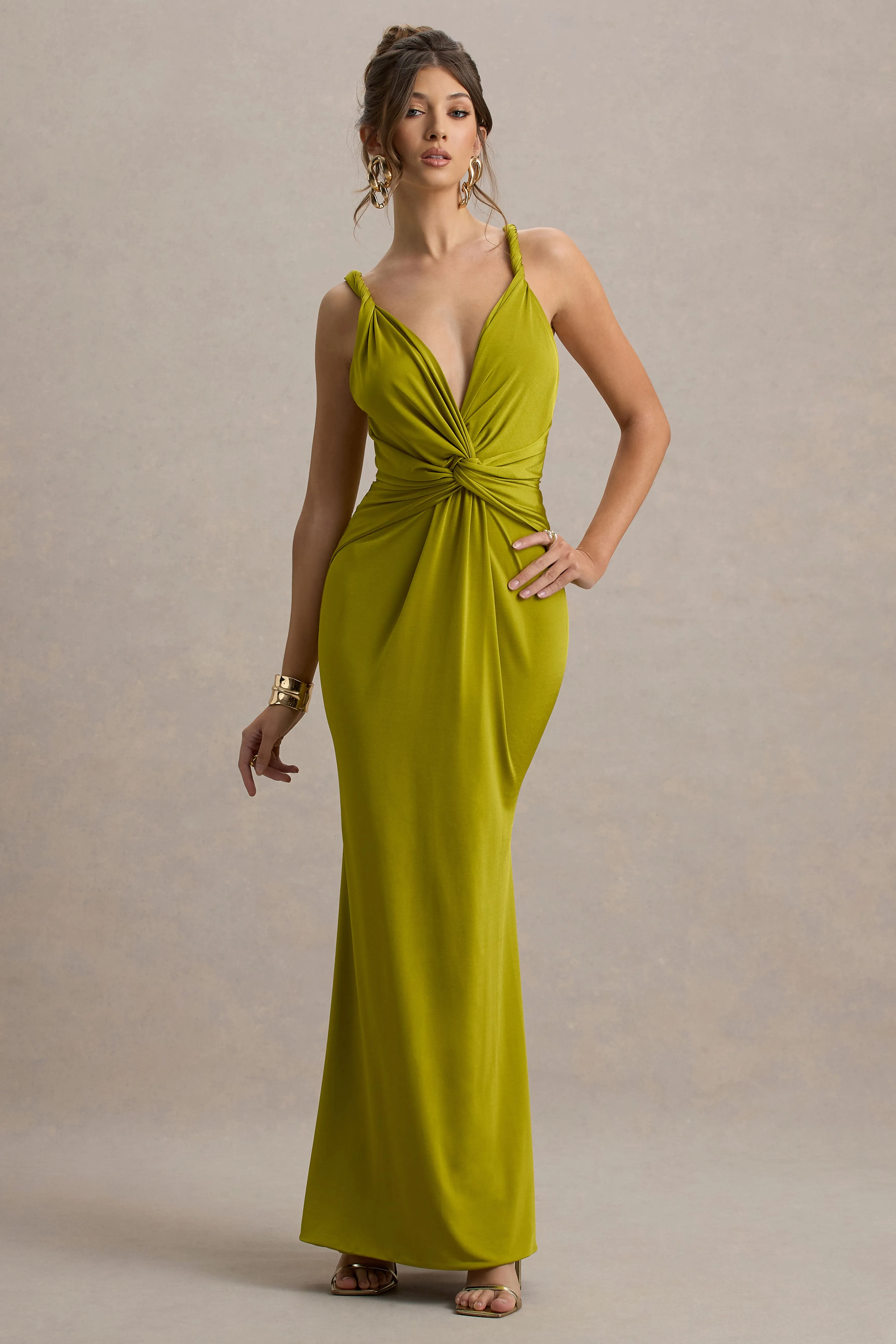 Santez | Green Twisted Plunge-Neck Maxi Dress Club L London