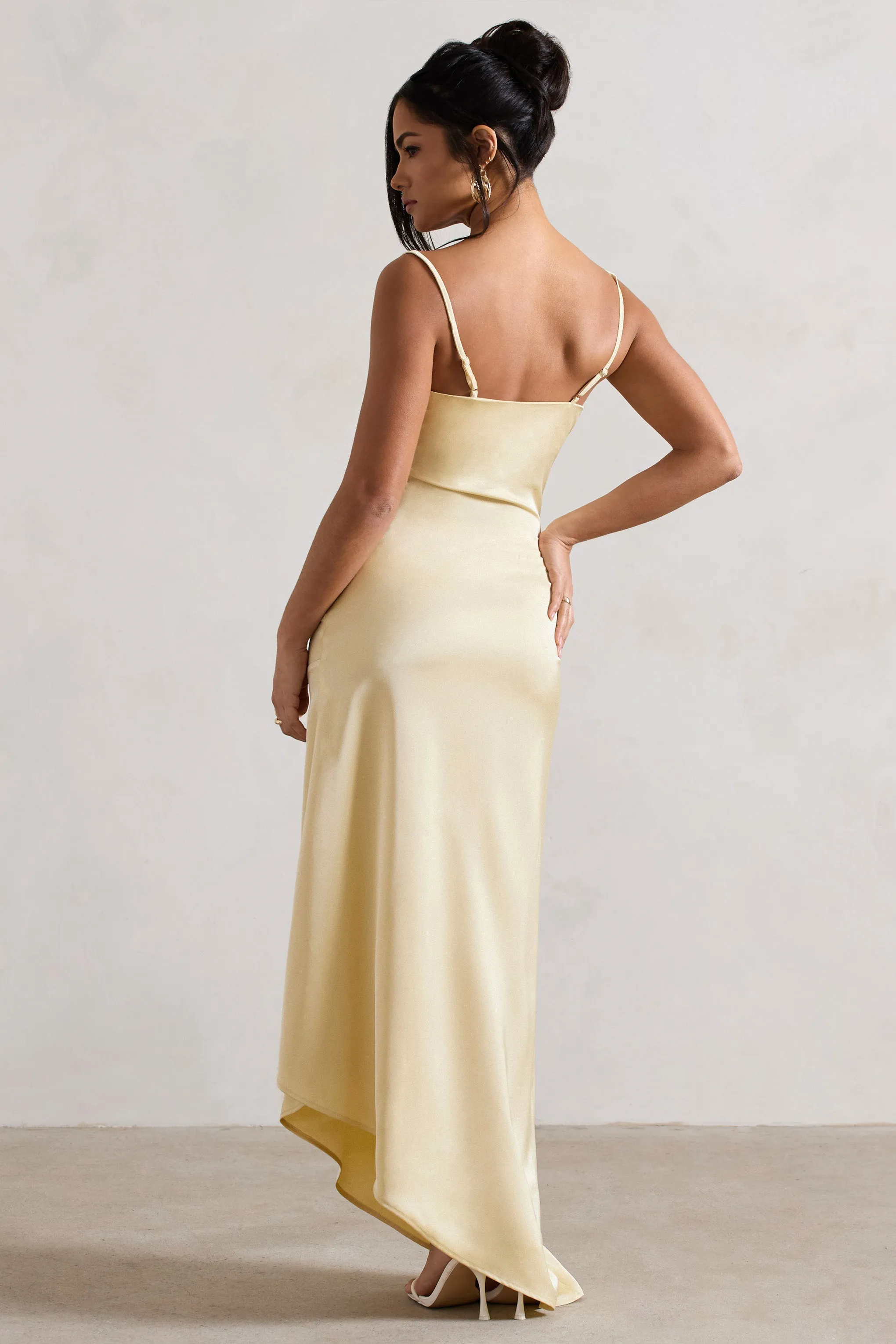 Santi | Lemon Satin Cowl-Neck Asymmetric Maxi Dress Club L London